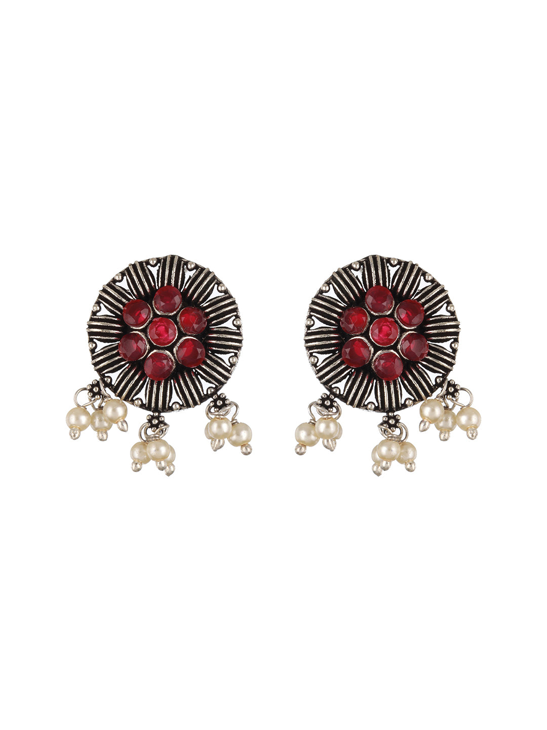 Silver Plated Red Stone Studded & Pearl Beaded Oxidised Peacock Shaped Jewellery Set - Jazzandsizzle