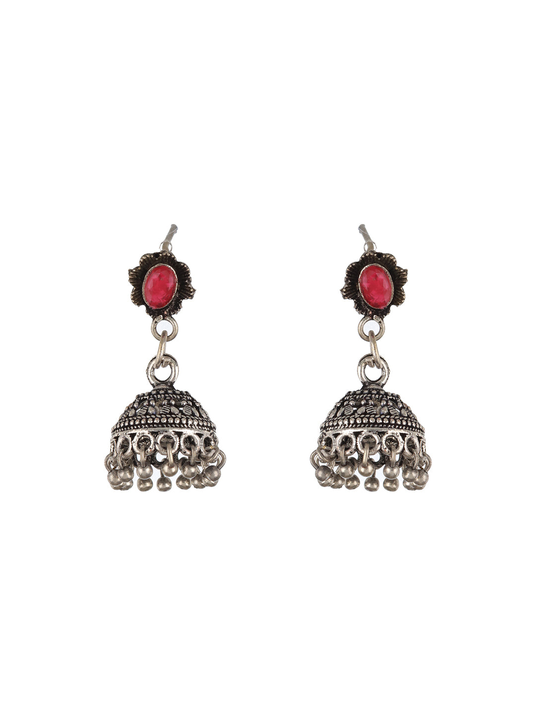 Oxidised Silver-Plated Red Stone-Studded Jewellery Set