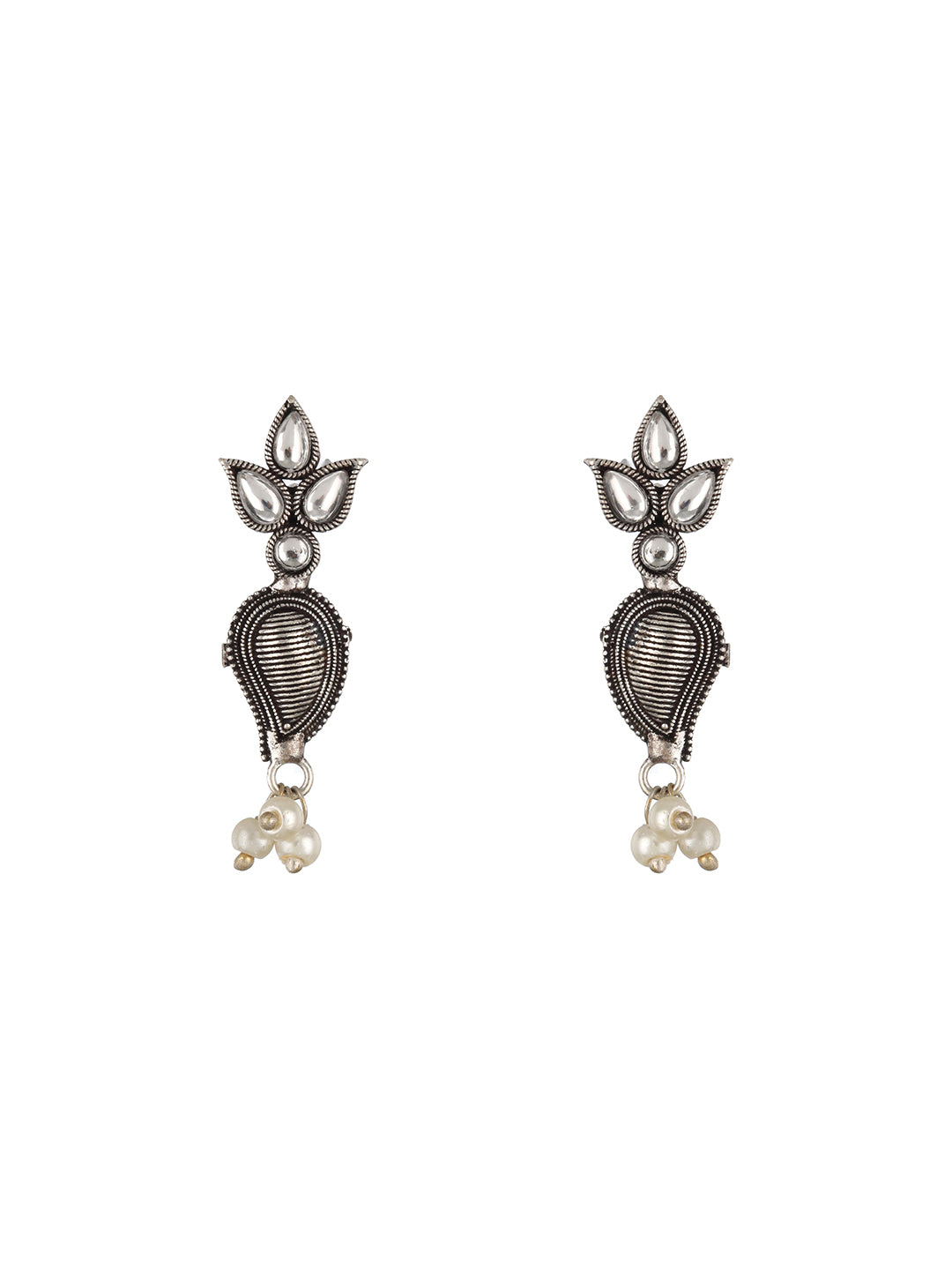 White Silver-Plated Oxidised Stone-Studded Floral Jewellery Set - Jazzandsizzle