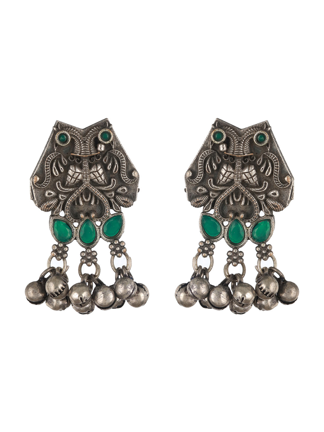 Oxidized Silver-Toned Green Stone-Studded & Beaded Peacock Shaped Jewellery Set - Jazzandsizzle