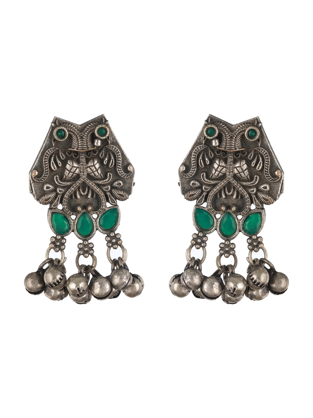 Oxidized Silver-Toned Green Stone-Studded & Beaded Peacock Shaped Jewellery Set - Jazzandsizzle