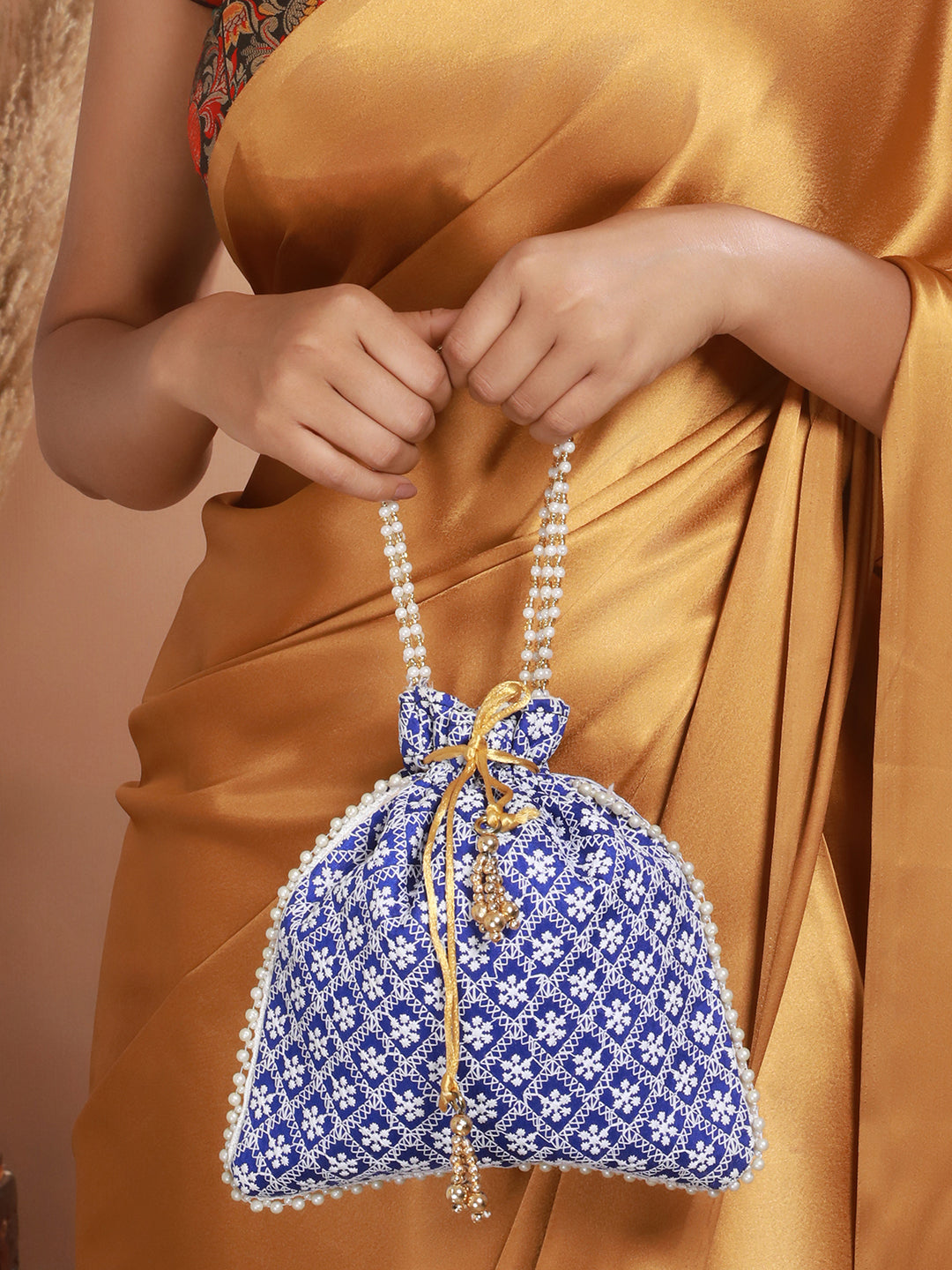 Blue & Gold-Toned Chikan Embroidered work Potli Clutch - Jazzandsizzle