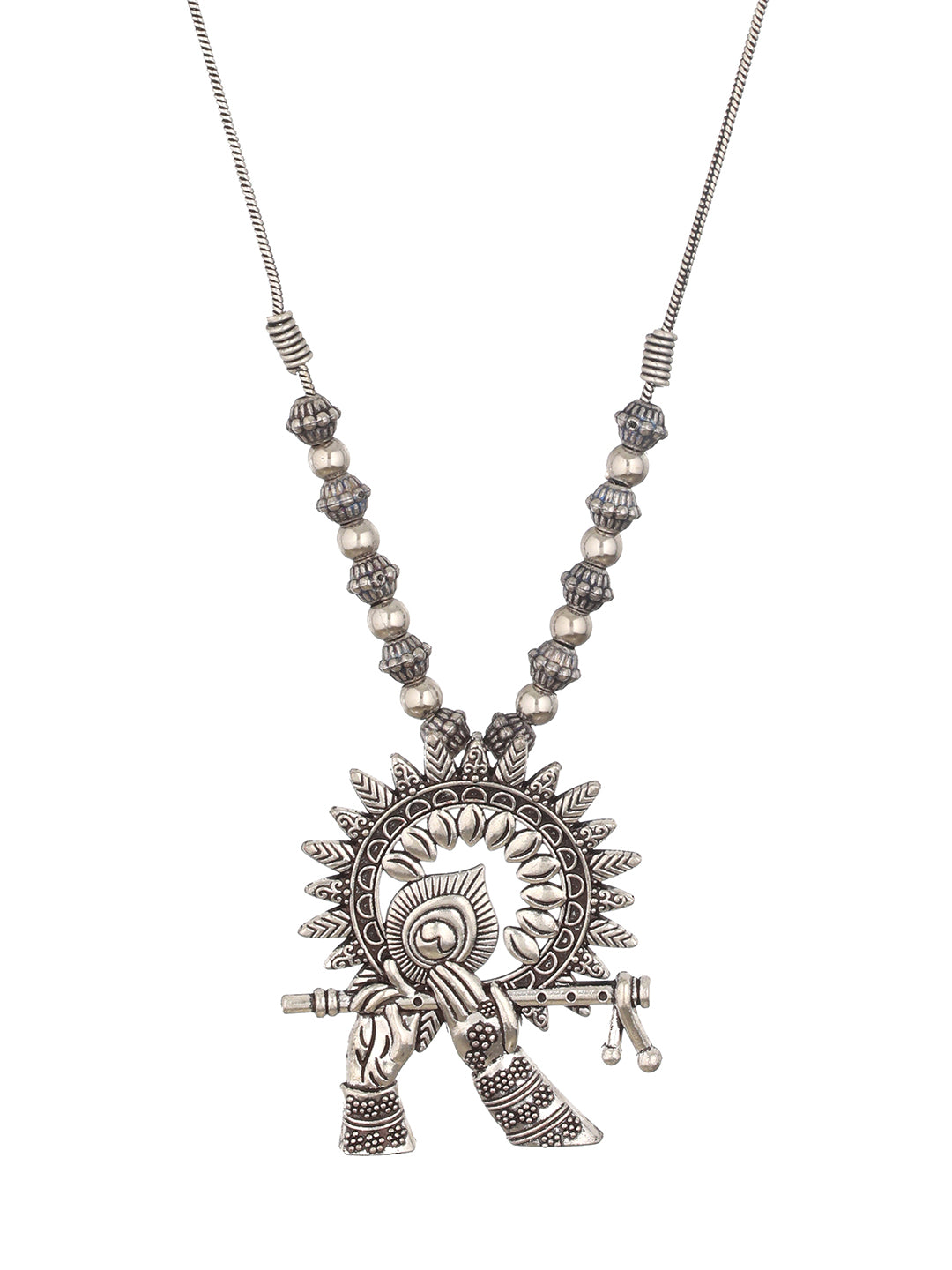 Silver-Plated Alloy Oxidised Krishna Flute Necklace - Jazzandsizzle