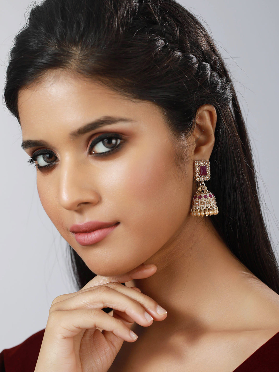 Pink Coloured Gold-Plated AD-Studded Handcrafted Square Shaped Jhumka earrings - Jazzandsizzle