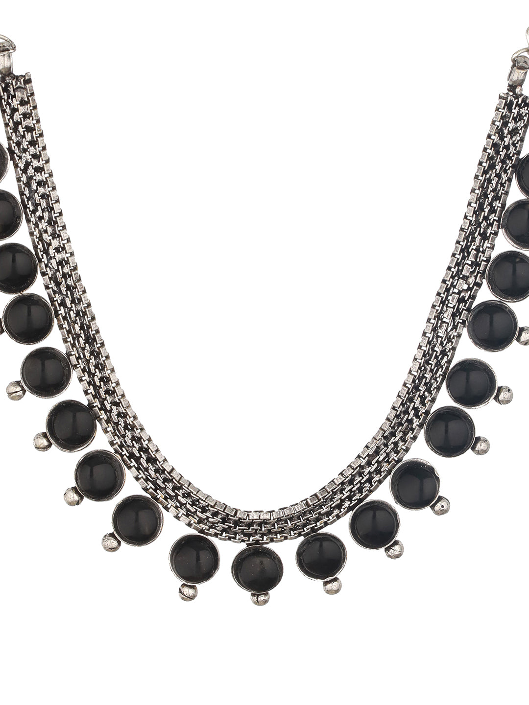 Silver Plated Black Stone Studded Oxidised Necklace