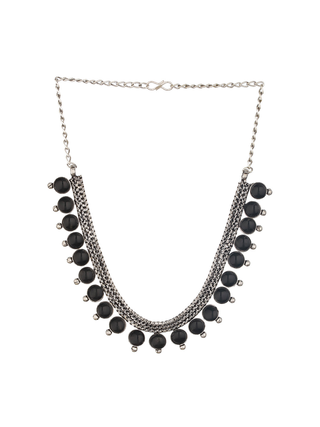 Silver Plated Black Stone Studded Oxidised Necklace - Jazzandsizzle