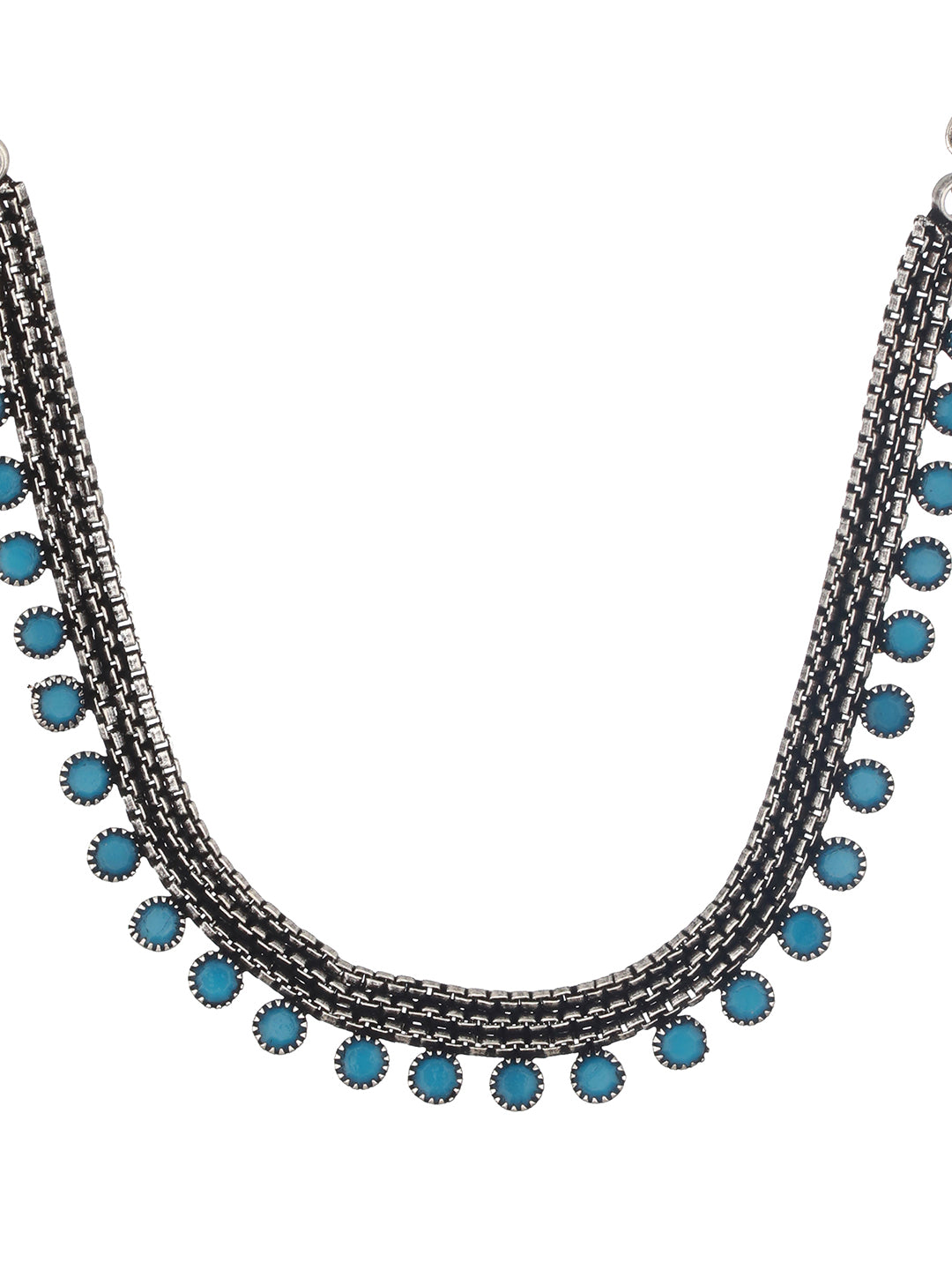 Silver Plated Blue Stone Studded Oxidised Necklace - Jazzandsizzle
