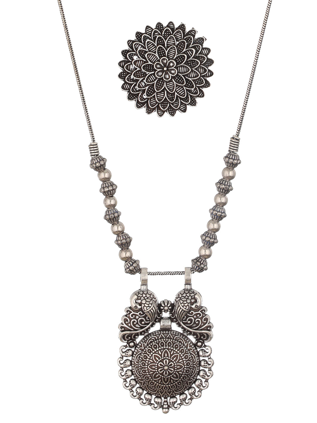 Silver-Plated Peacock Shaped Oxidized Necklace With Textured Ring