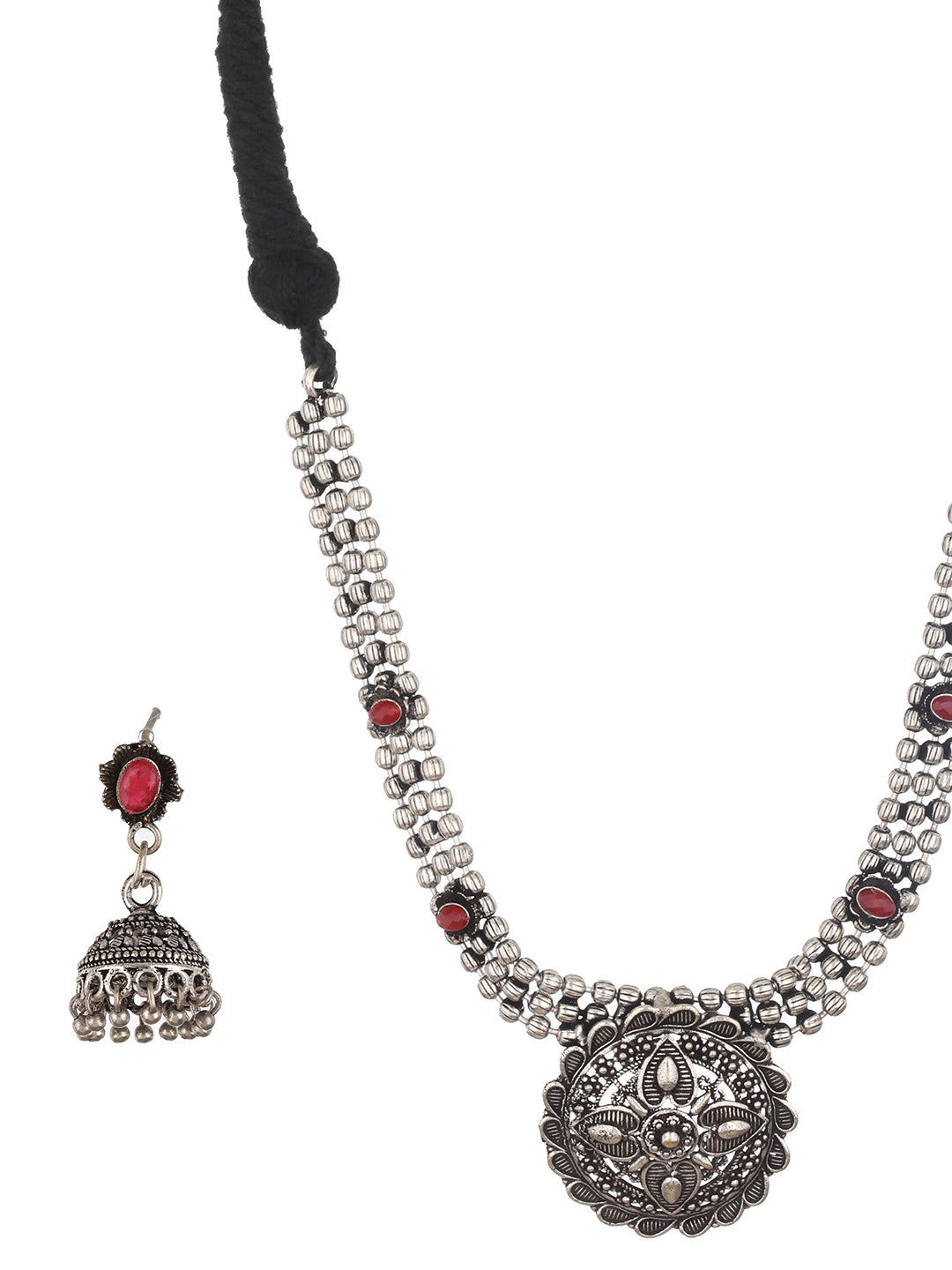 Jazz and Sizzle Oxidized Silver-Plated Red Stone-Studded Jewelry Set - Jazzandsizzle