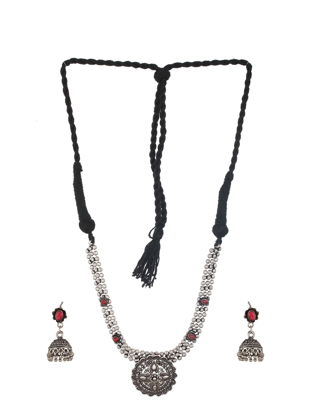 Jazz and Sizzle Oxidized Silver-Plated Red Stone-Studded Jewelry Set - Jazzandsizzle