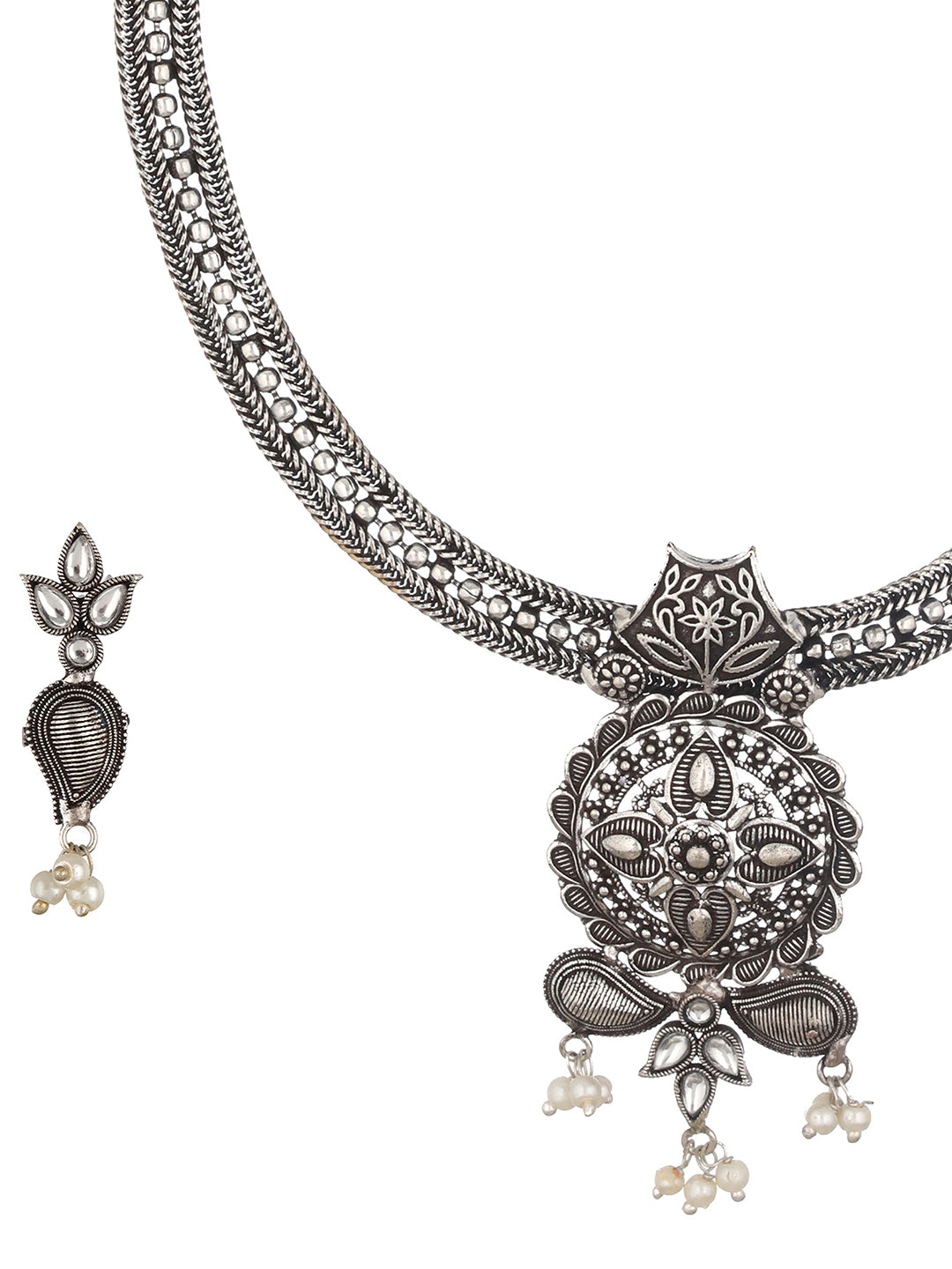 White Silver-Plated Oxidised Stone-Studded Floral Jewellery Set - Jazzandsizzle