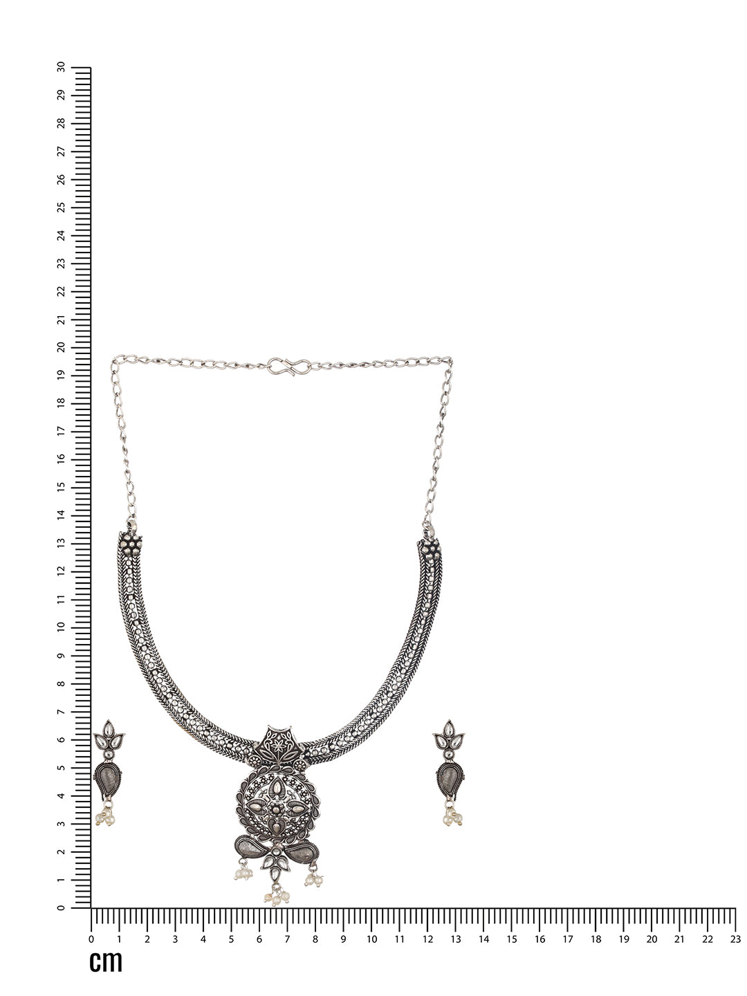 White Silver-Plated Oxidised Stone-Studded Floral Jewellery Set - Jazzandsizzle