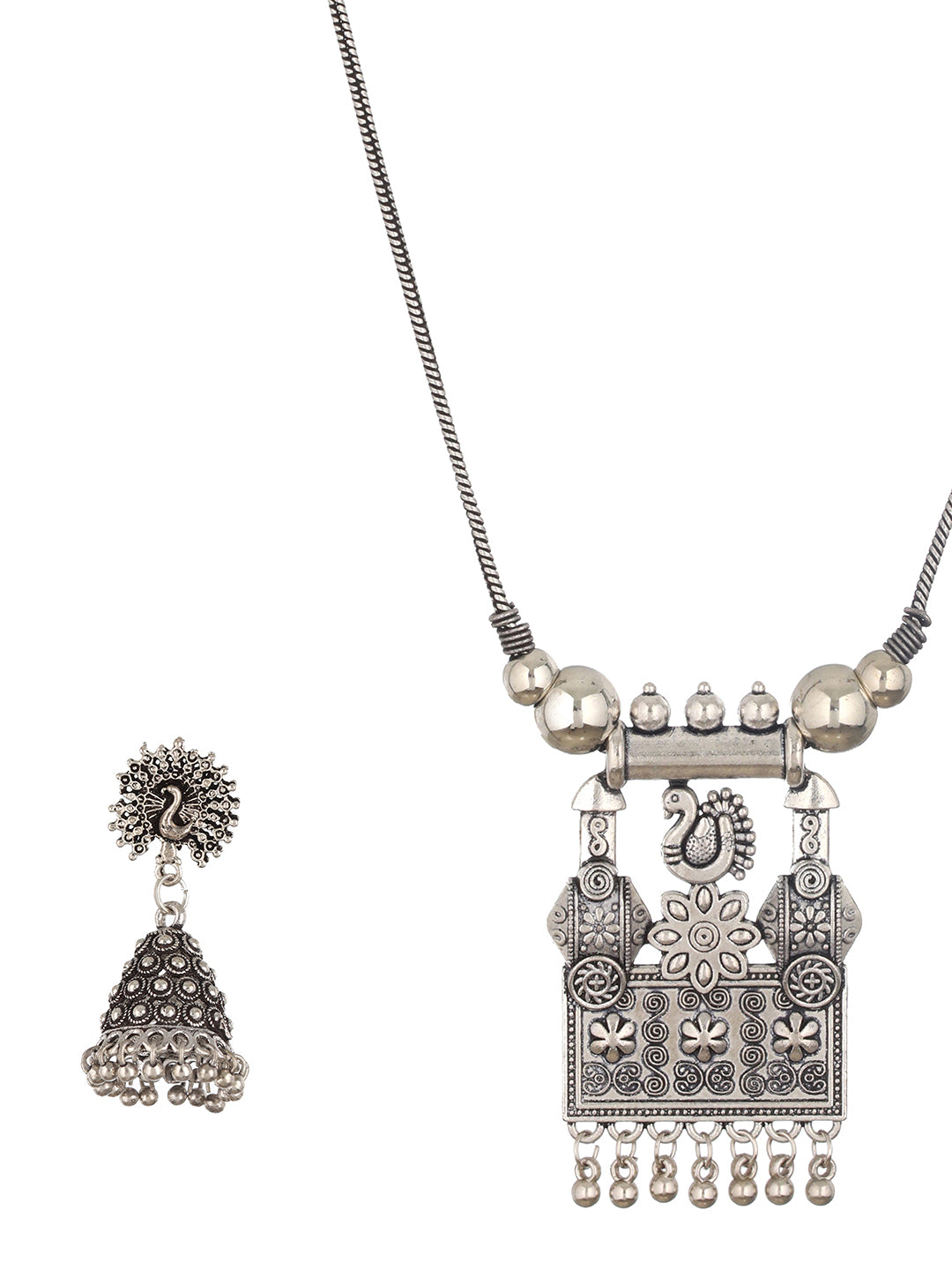 Silver-Plated Peacock Shaped Oxidized Jewellery Set - Jazzandsizzle