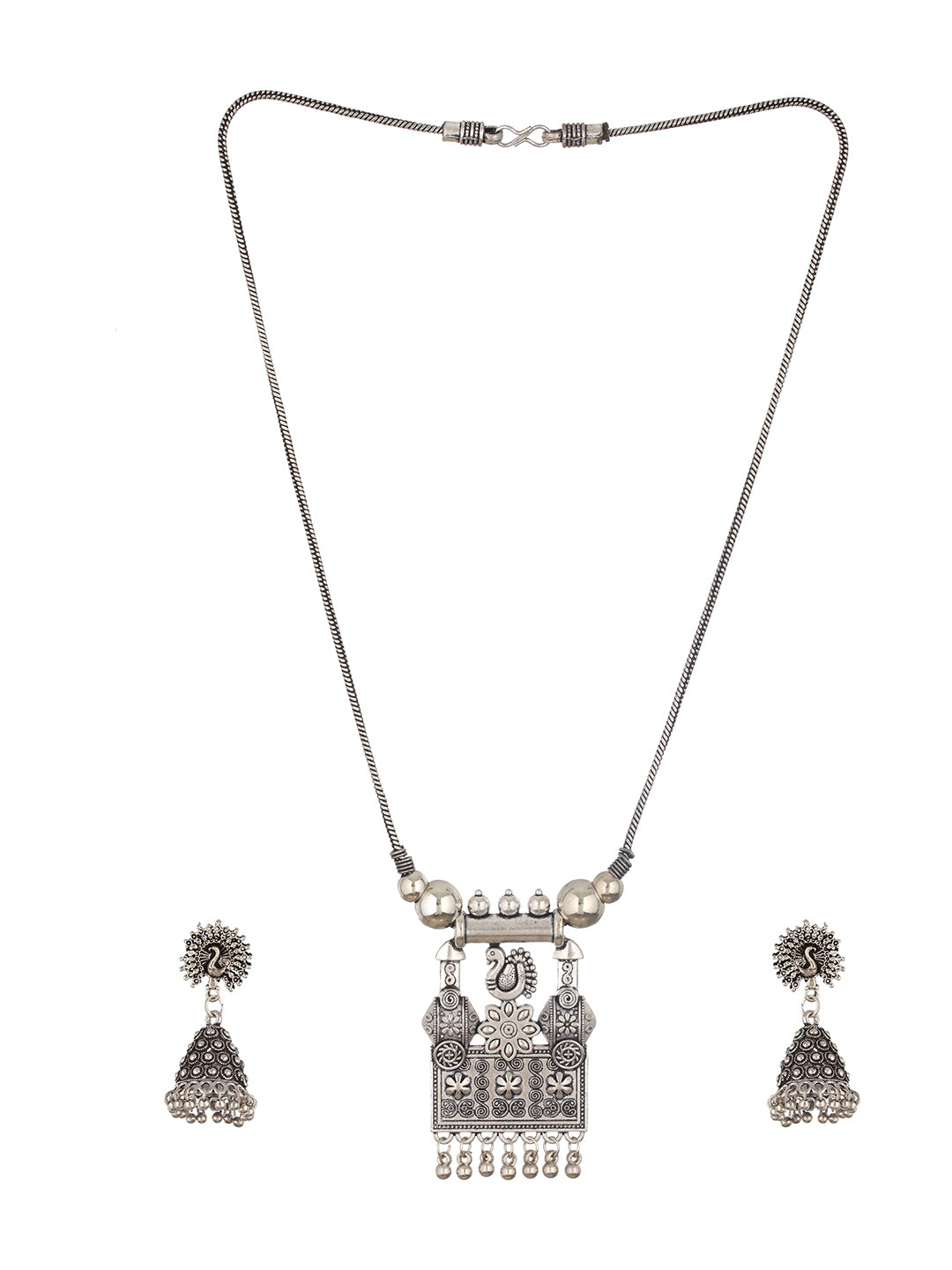 Silver-Plated Peacock Shaped Oxidized Jewellery Set