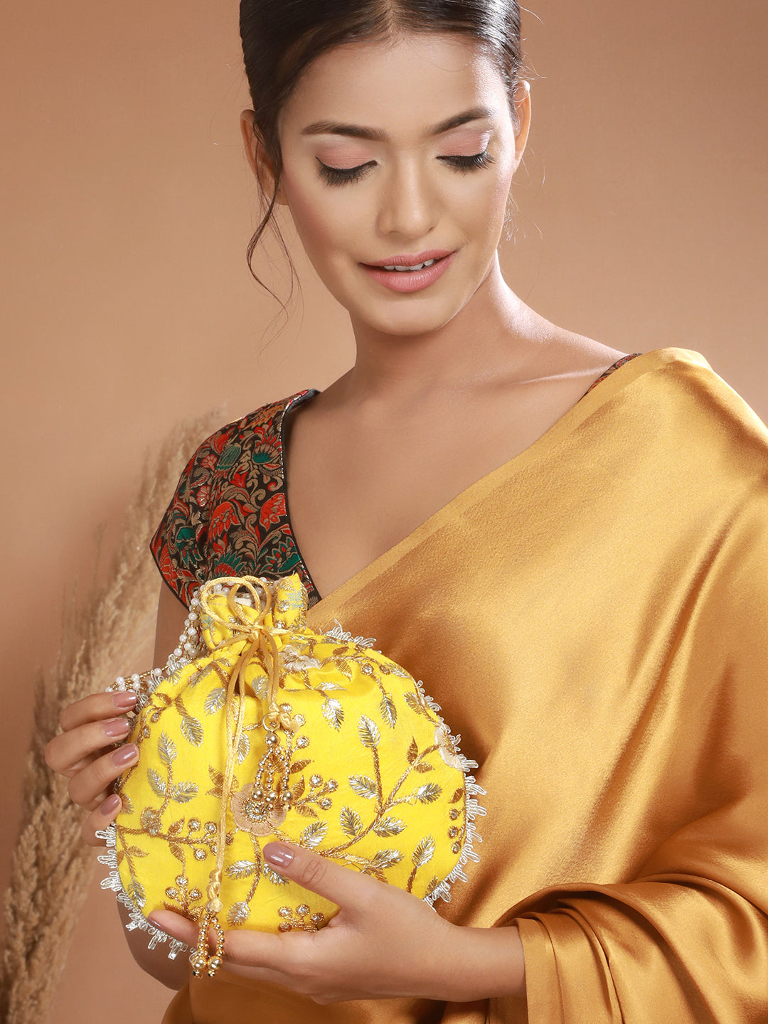 Yellow & Gold-Toned with Rich Embroidered Potli Clutch - Jazzandsizzle