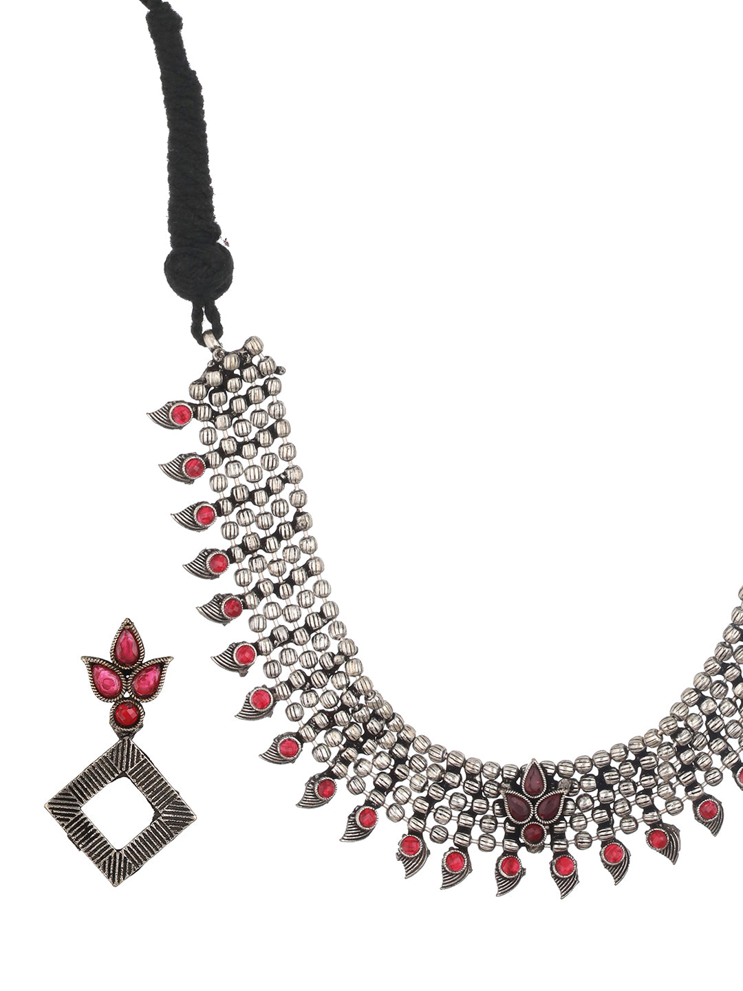 Red Silver-Plated Oxidised Stone-Studded Jewellery Set - Jazzandsizzle