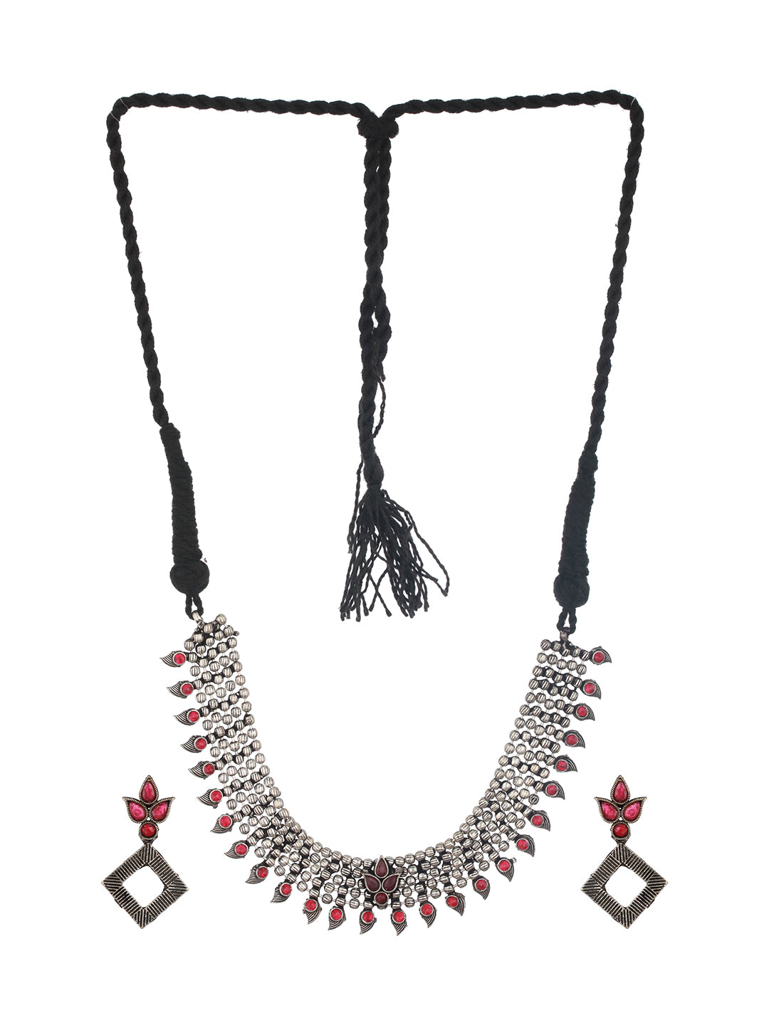 Red Silver-Plated Oxidised Stone-Studded Jewellery Set - Jazzandsizzle