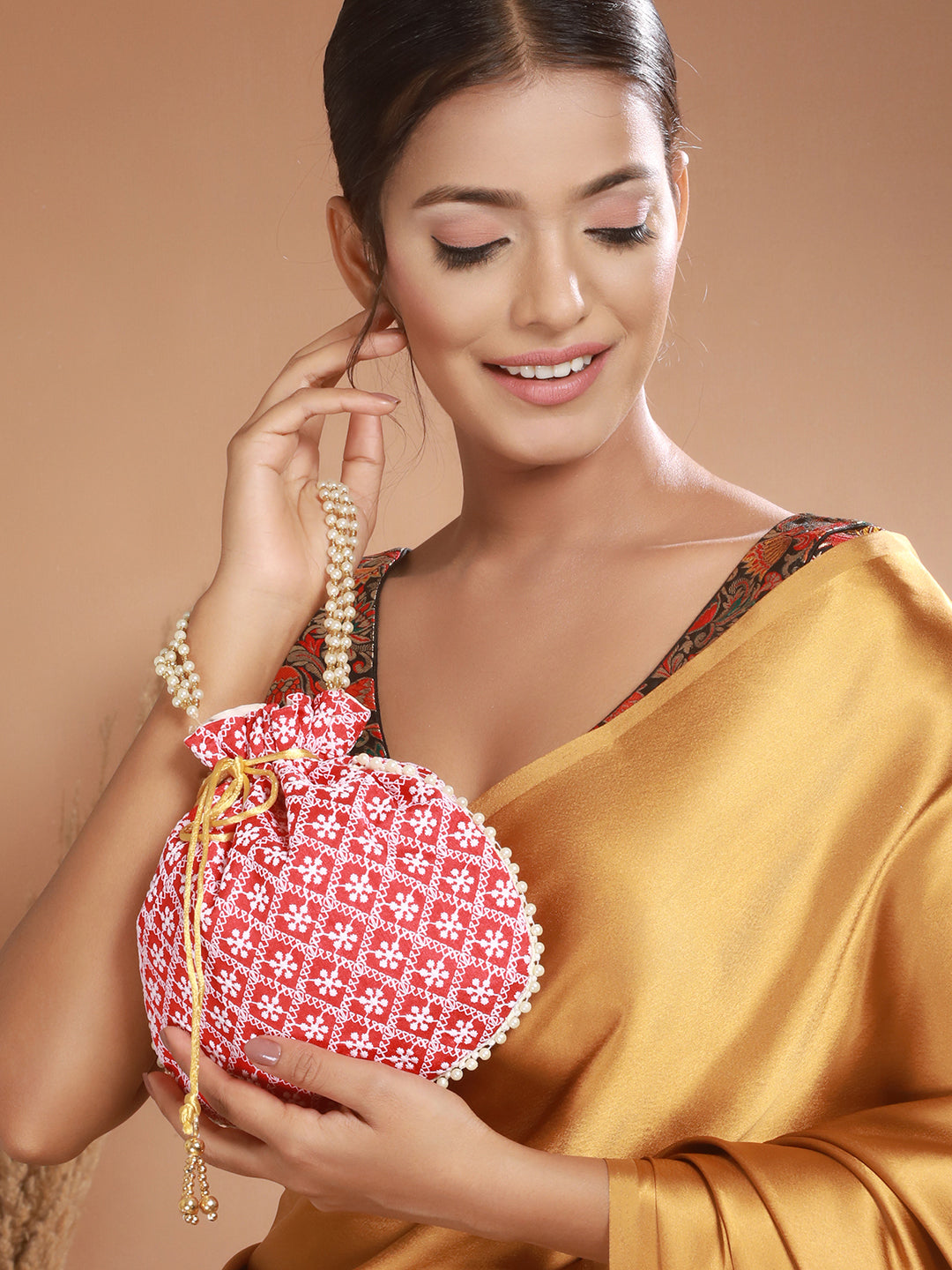 Red & Gold-Toned Chikan Embroidered work Potli Clutch - Jazzandsizzle