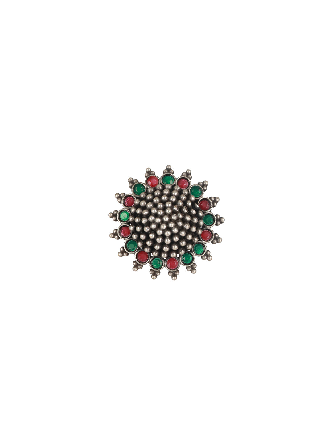 Oxidised Silver-Toned Red & Green Stone-Studded Adjustable Finger Ring - Jazzandsizzle