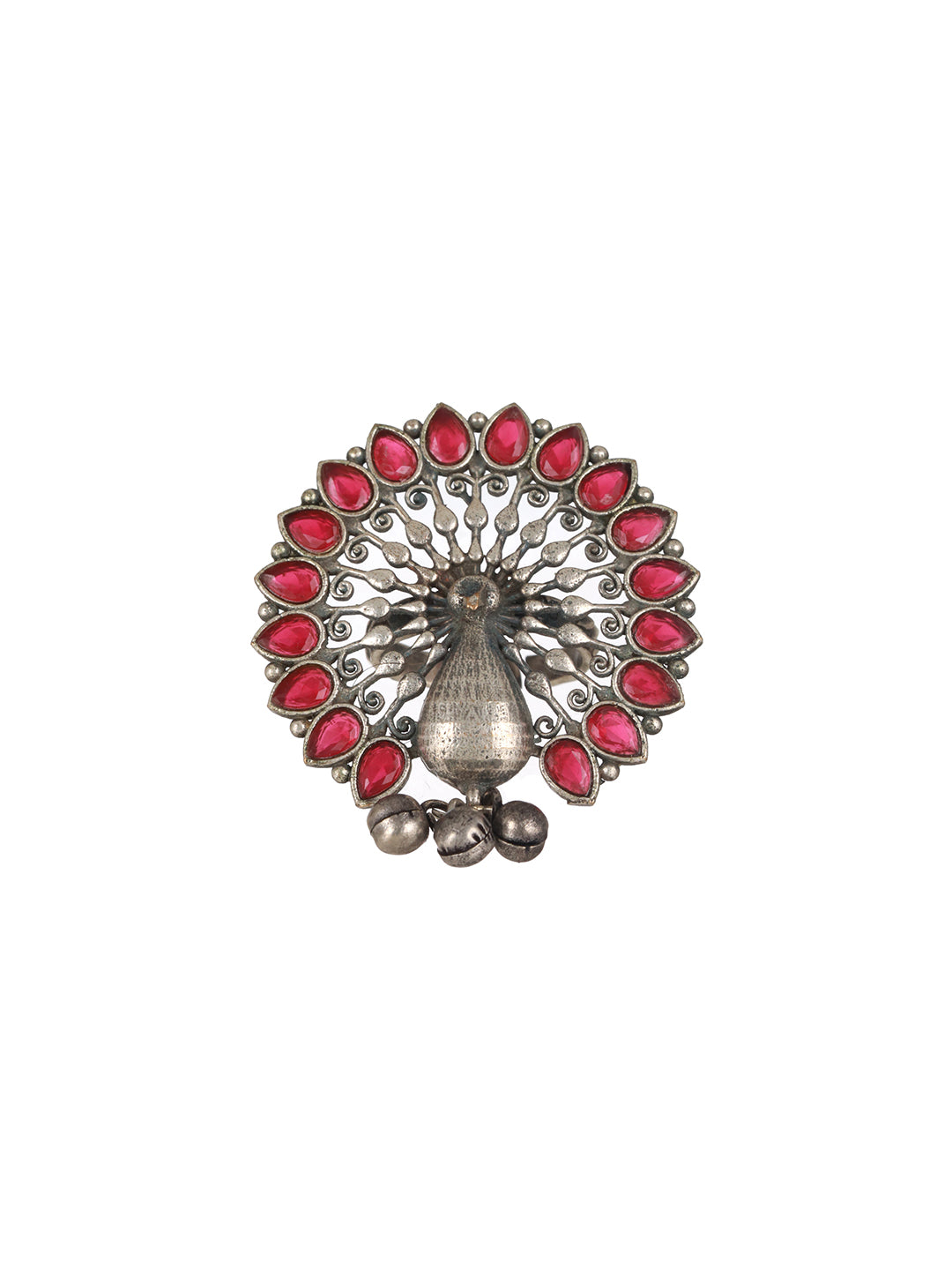 Silver-Plated Red Stone studded Peacock Motif Adjustable Finger Ring - Jazzandsizzle