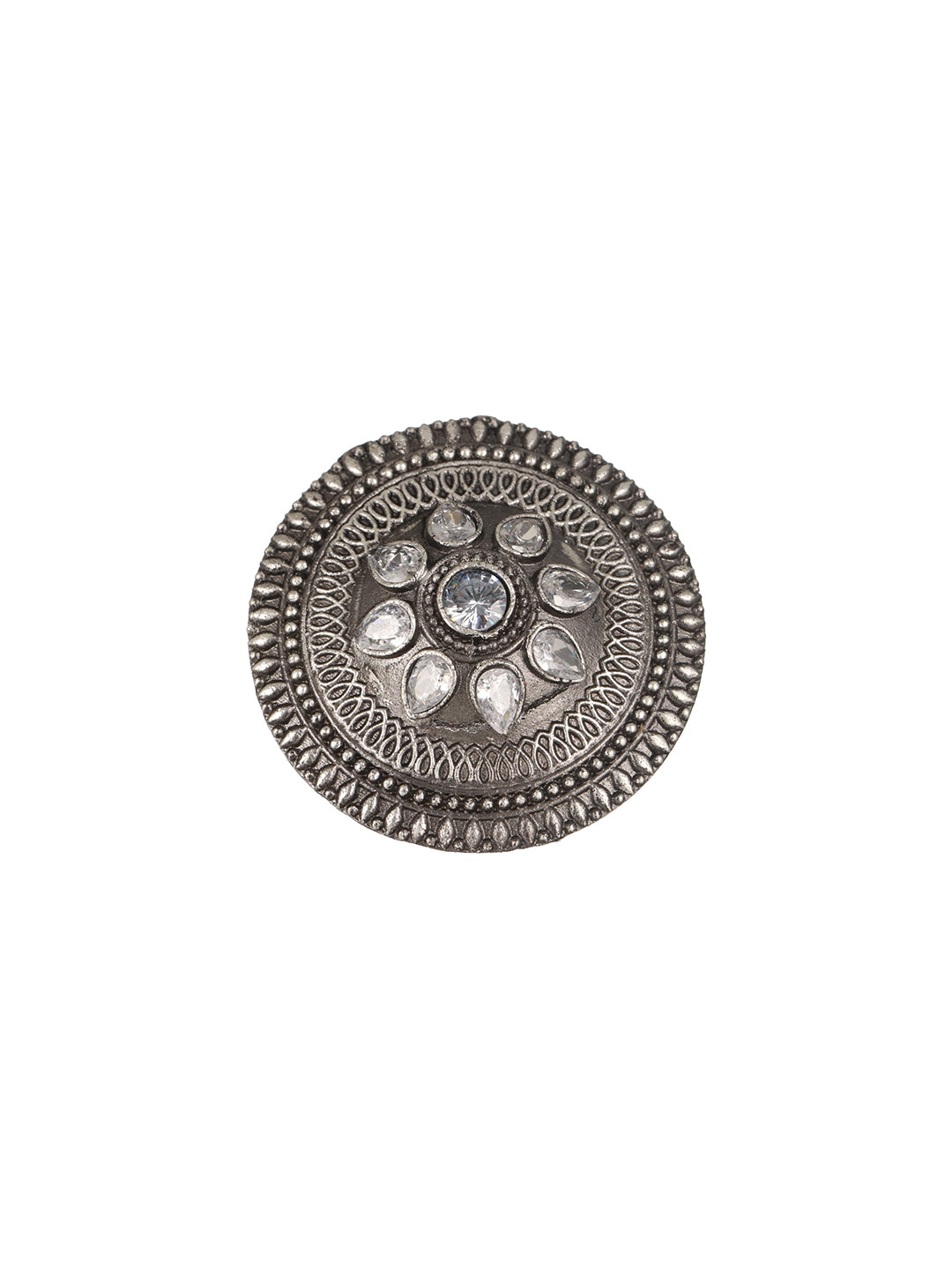 Oxidized Silver-Toned & White Stone-Studded Adjustable Finger Ring - Jazzandsizzle