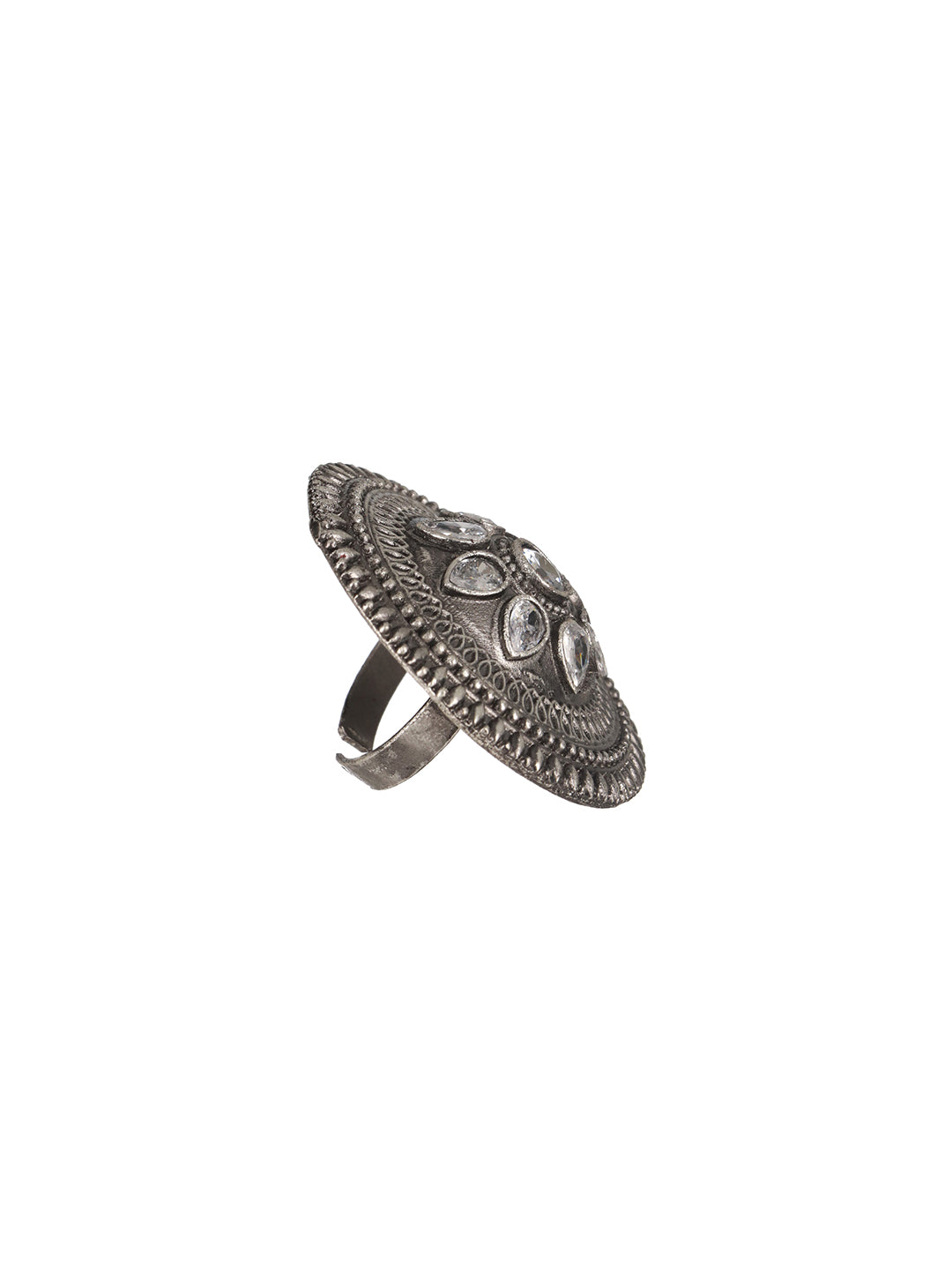 Oxidized Silver-Toned & White Stone-Studded Adjustable Finger Ring