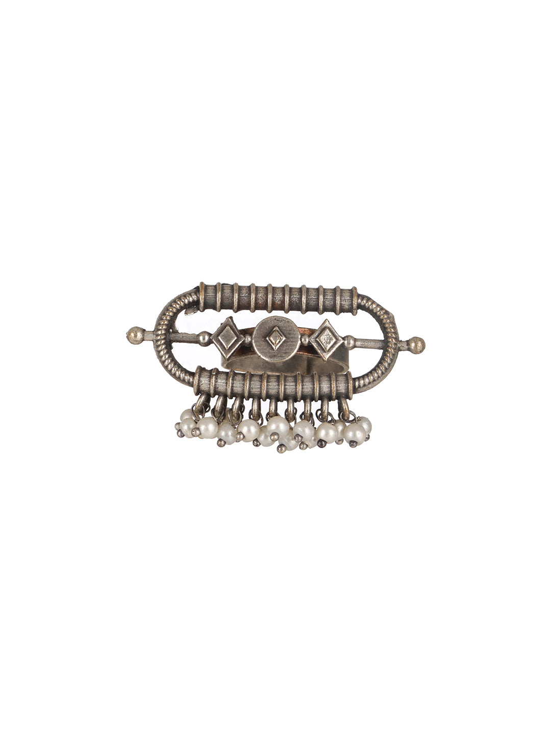 Silver-Plated & Pearl Beaded Oxidised Finger Ring - Jazzandsizzle