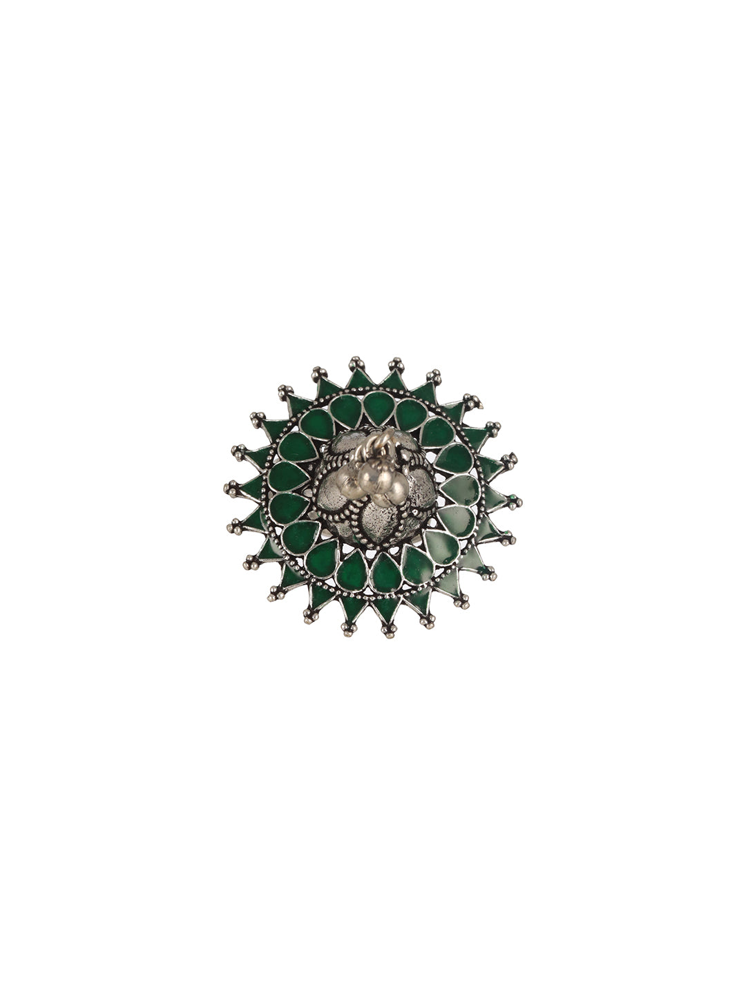 Silver-Plated Green Stone Studded& Ghungroo Finger Ring - Jazzandsizzle