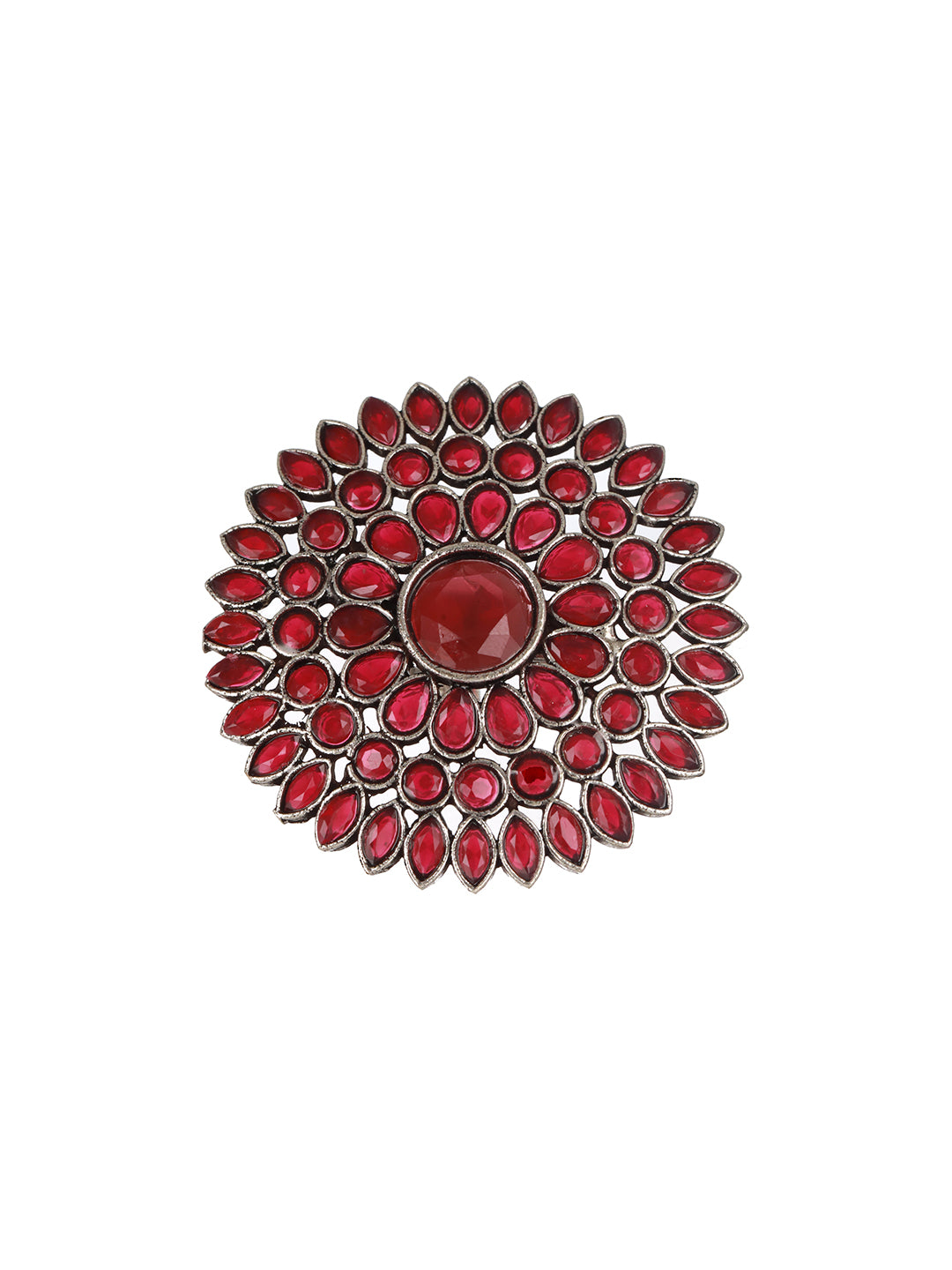 Silver-Plated Red Stone Studded Flower Shaped Adjustable Finger Ring - Jazzandsizzle