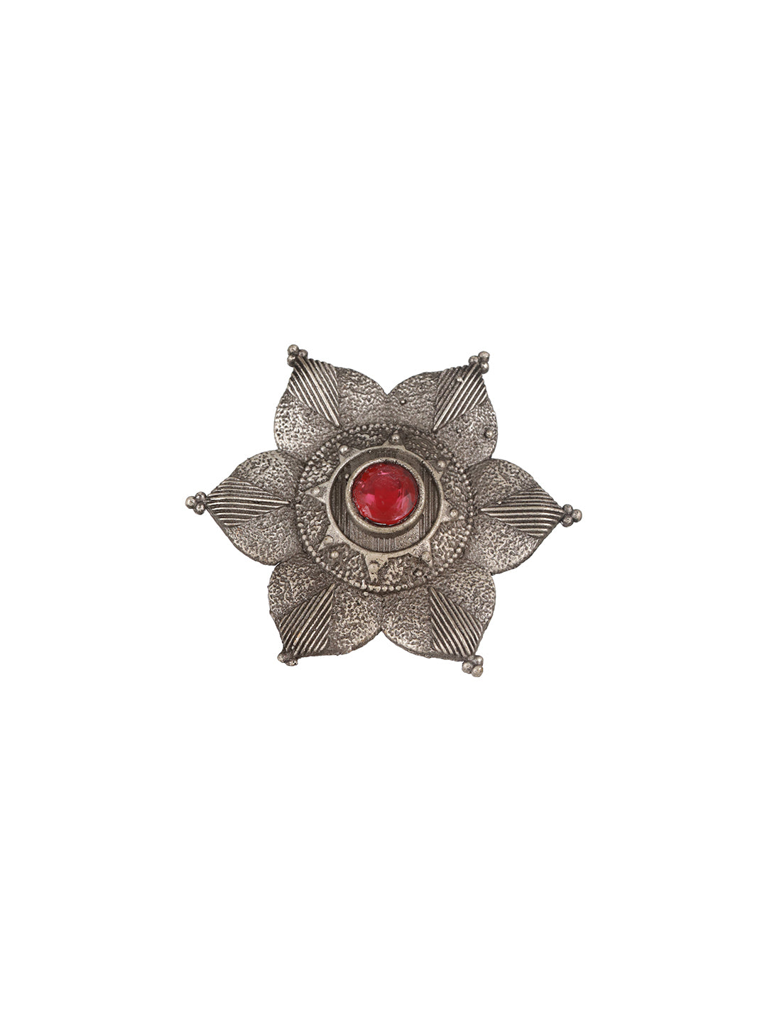 Oxidised Silver-Toned & Red Stone-Studded Adjustable Finger Ring