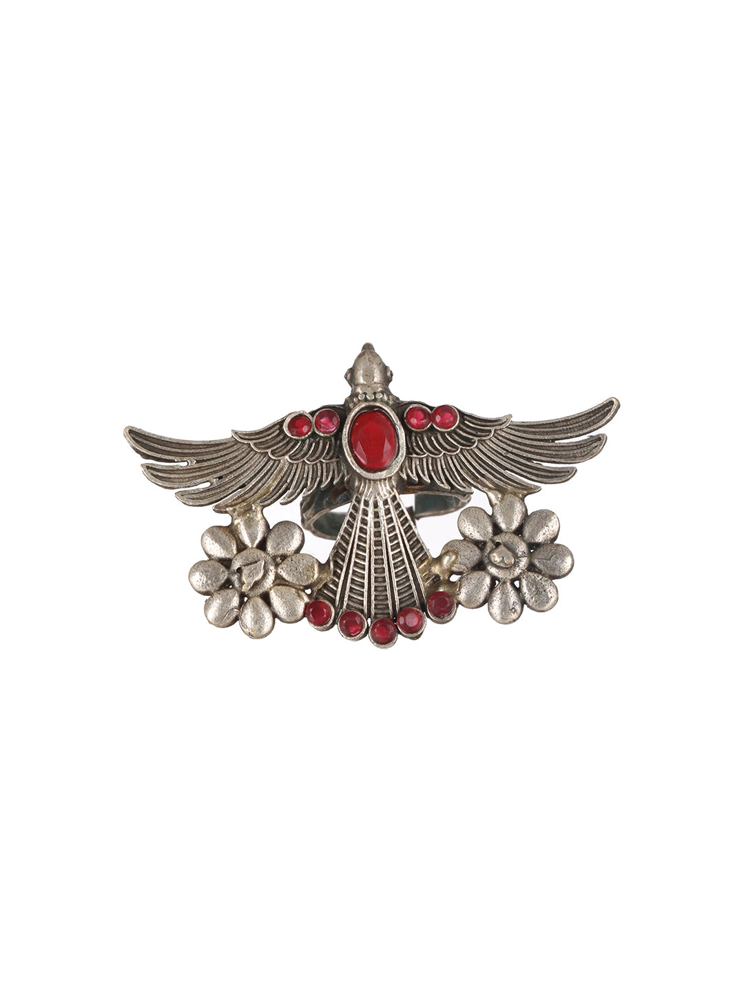 Silver Plated & Red Stone-Studded Oxidised Bird Shaped Adjustable Finger Ring - Jazzandsizzle