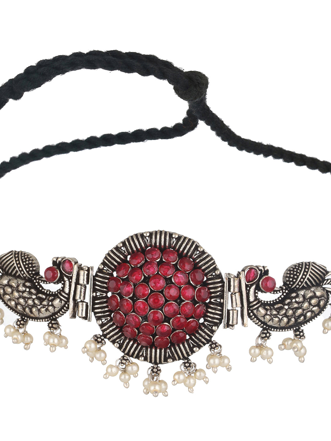 Silver Plated Red Stone Studded & Pearl Beaded Oxidised Peacock Shaped Jewellery Set - Jazzandsizzle