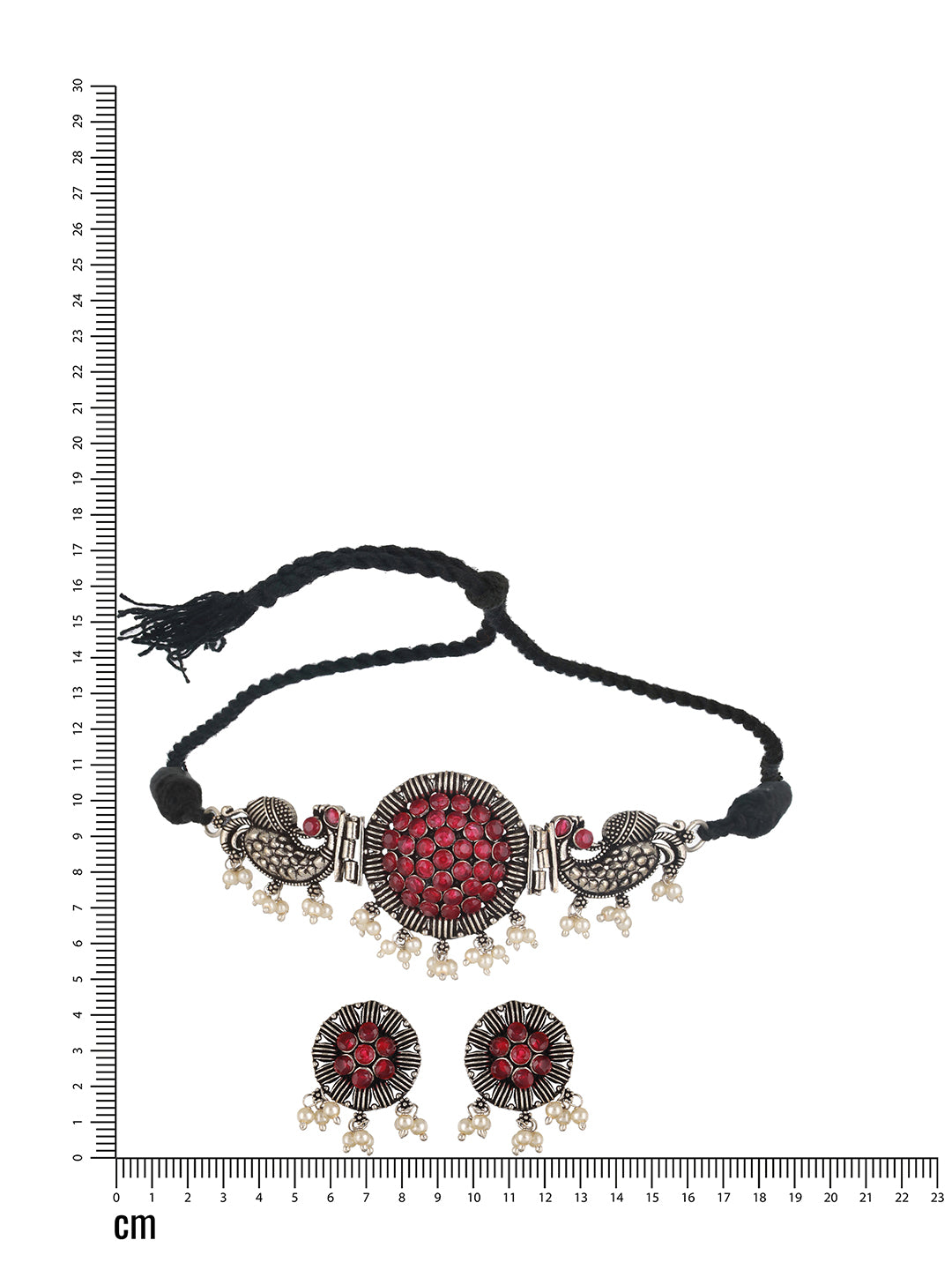 Silver Plated Red Stone Studded & Pearl Beaded Oxidised Peacock Shaped Jewellery Set - Jazzandsizzle