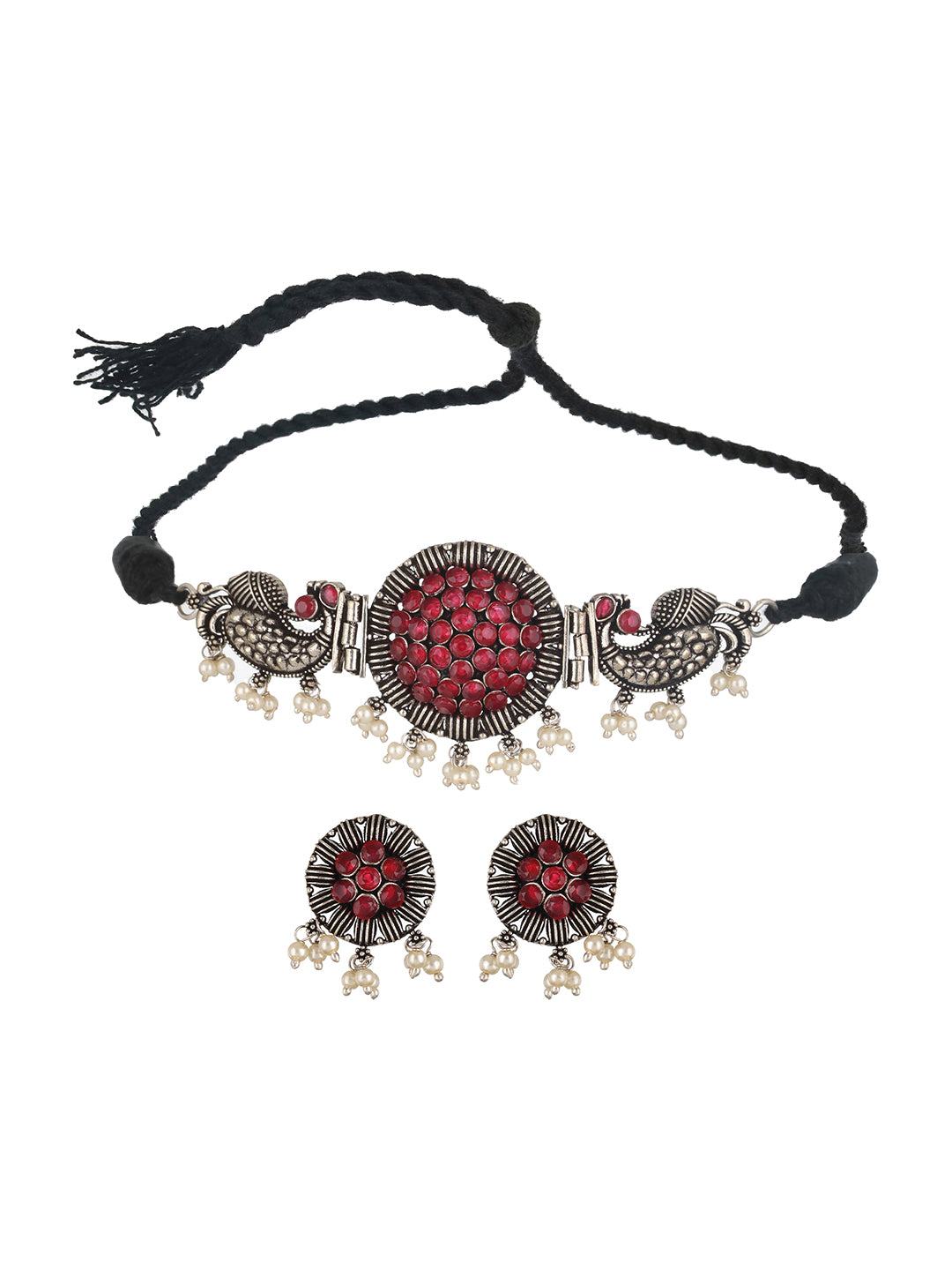 Silver Plated Red Stone Studded & Pearl Beaded Oxidised Peacock Shaped Jewellery Set - Jazzandsizzle