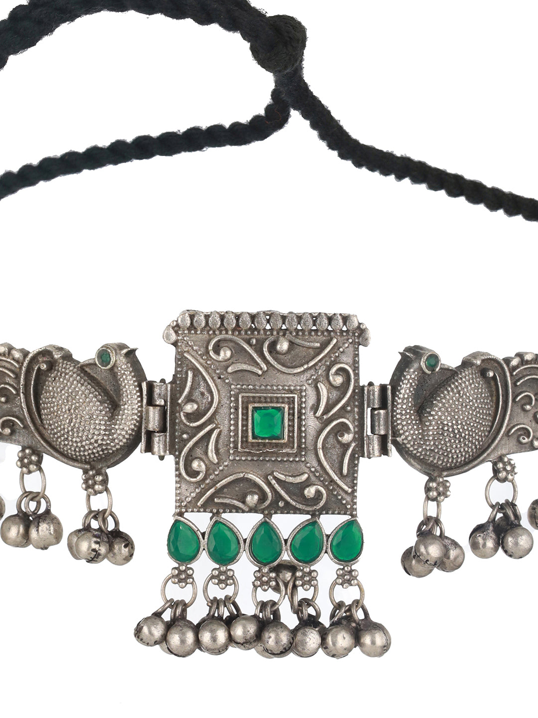 Oxidized Silver-Toned Green Stone-Studded & Beaded Peacock Shaped Jewellery Set - Jazzandsizzle