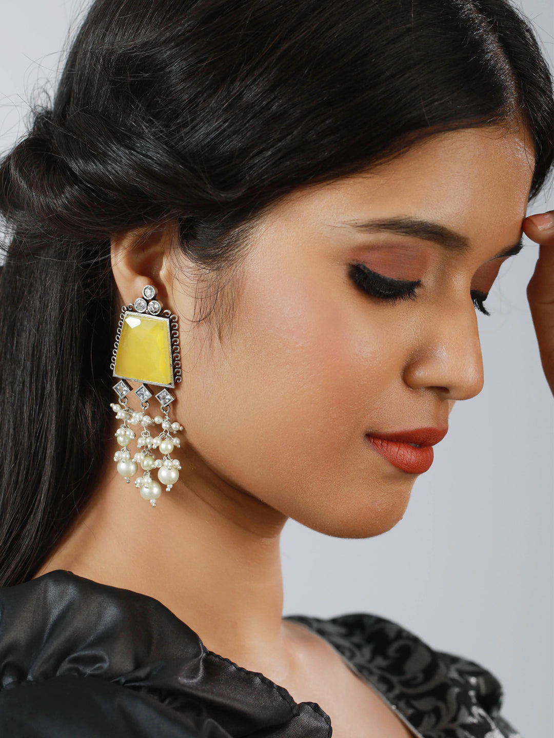 Silver Toned &Yellow Stone & Ad Studded Contemporary Drop Earrings