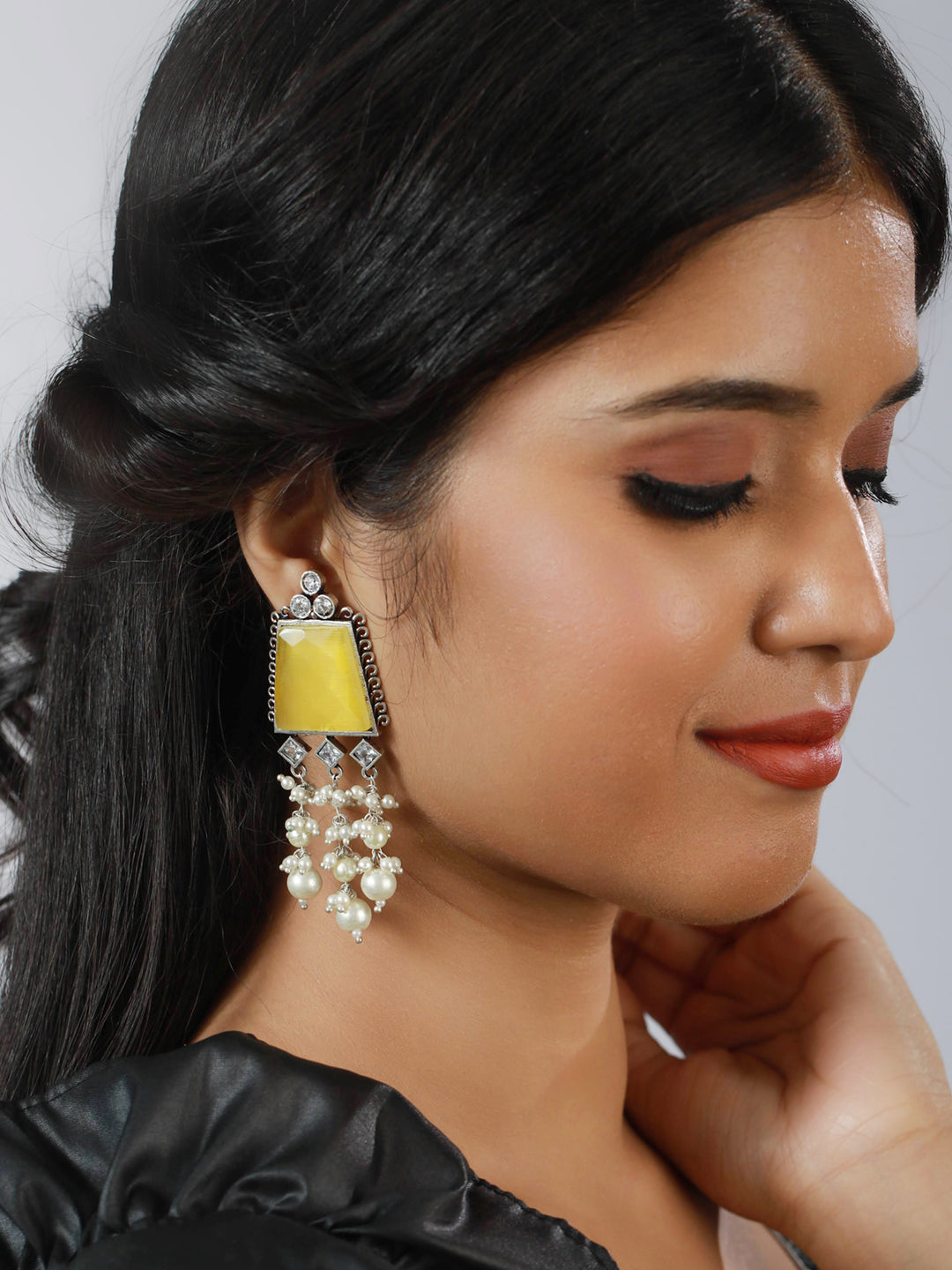 Silver Toned &Yellow Stone & Ad Studded Contemporary Drop Earrings