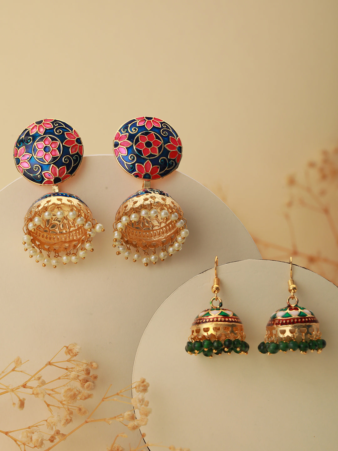 Set OF 2 Black & Green Gold Plated Dome Shaped Meenakari Jhumkas Earrings - Jazzandsizzle