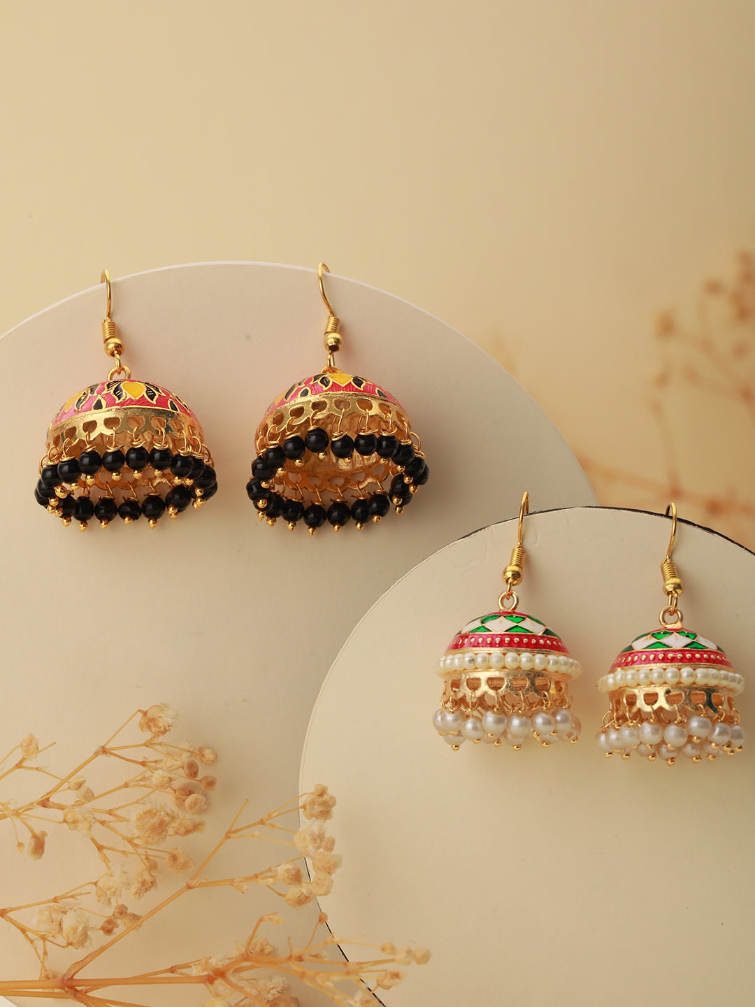 Set OF 2 Pair Pink & White Gold Plated Meenakari Jhumkas Earrings - Jazzandsizzle