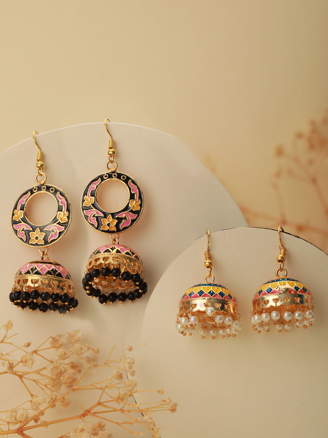 Set OF 2 Pink & Yellow Gold Plated Contemporary Meenakari Jhumkas Earrings