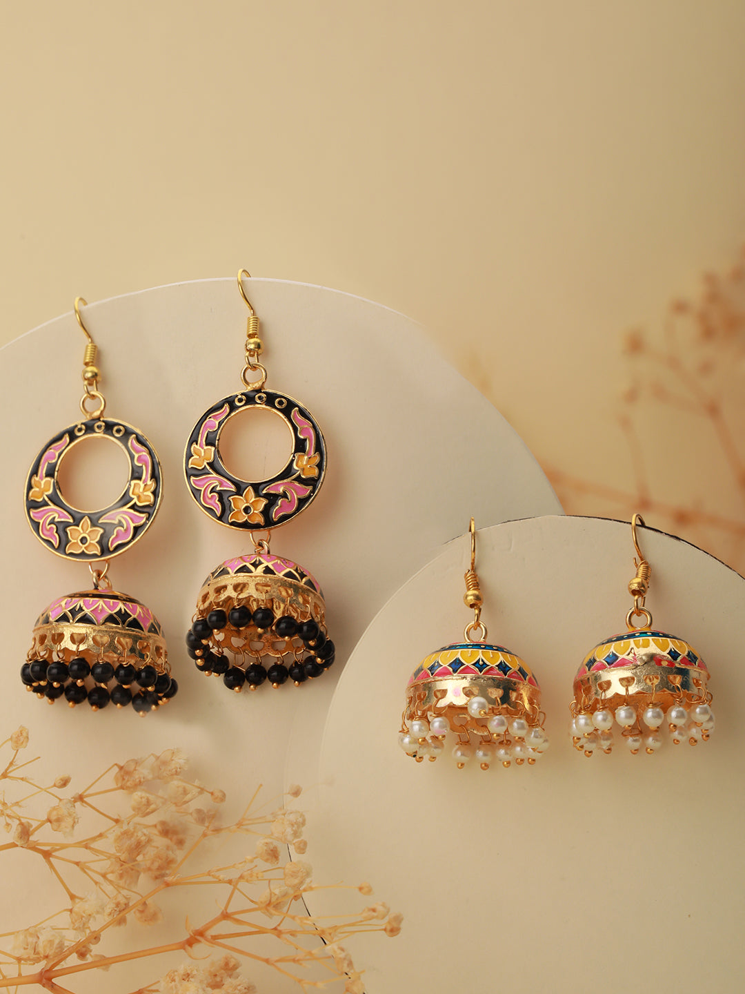 Set OF 2 Pink & Yellow Gold Plated Contemporary Meenakari Jhumkas Earrings - Jazzandsizzle