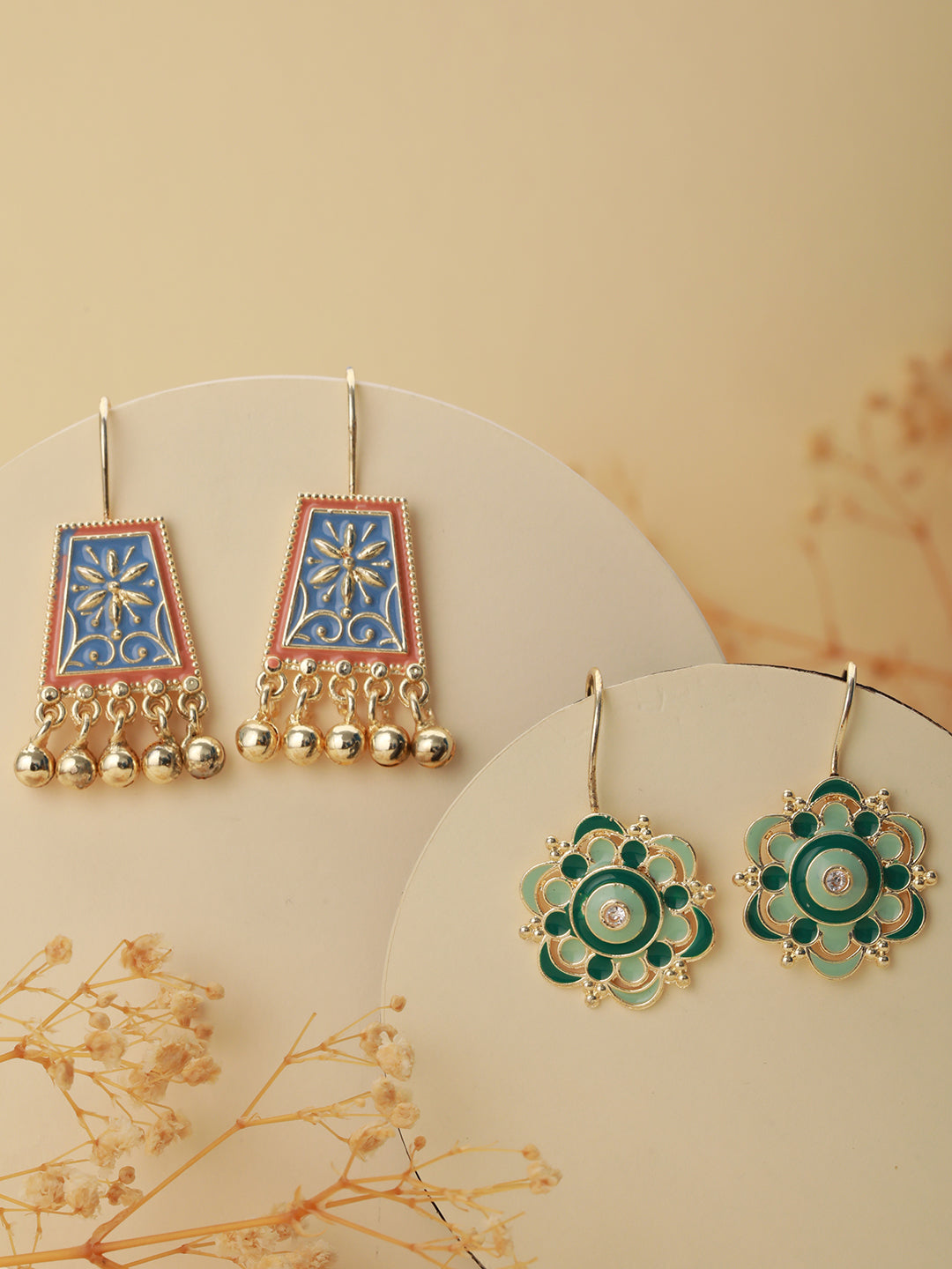 Set of 2 Blue & Green Contemporary Gold-Plated Drop Earrings - Jazzandsizzle