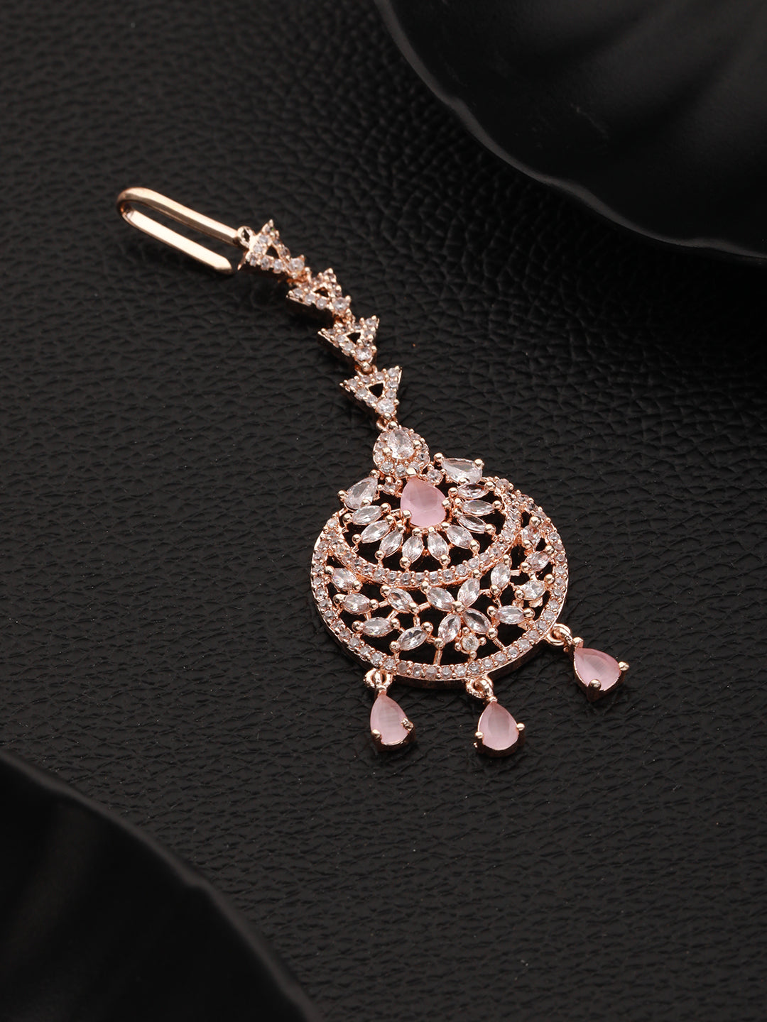 Rose Gold-Plated Pink & White AD-Studded Handcrafted Maang Tikka - Jazzandsizzle