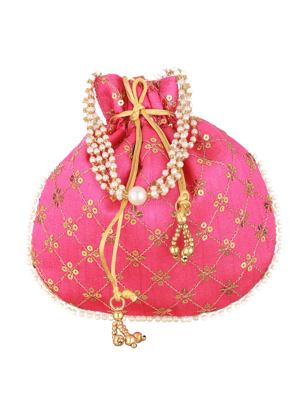 Hot Pink-Coloured & Gold-Toned Embellished Potli Clutch - Jazzandsizzle