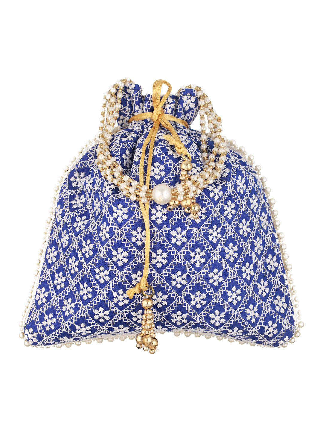 Blue & Gold-Toned Chikan Embroidered work Potli Clutch - Jazzandsizzle