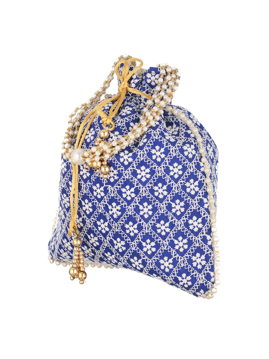 Blue & Gold-Toned Chikan Embroidered work Potli Clutch - Jazzandsizzle