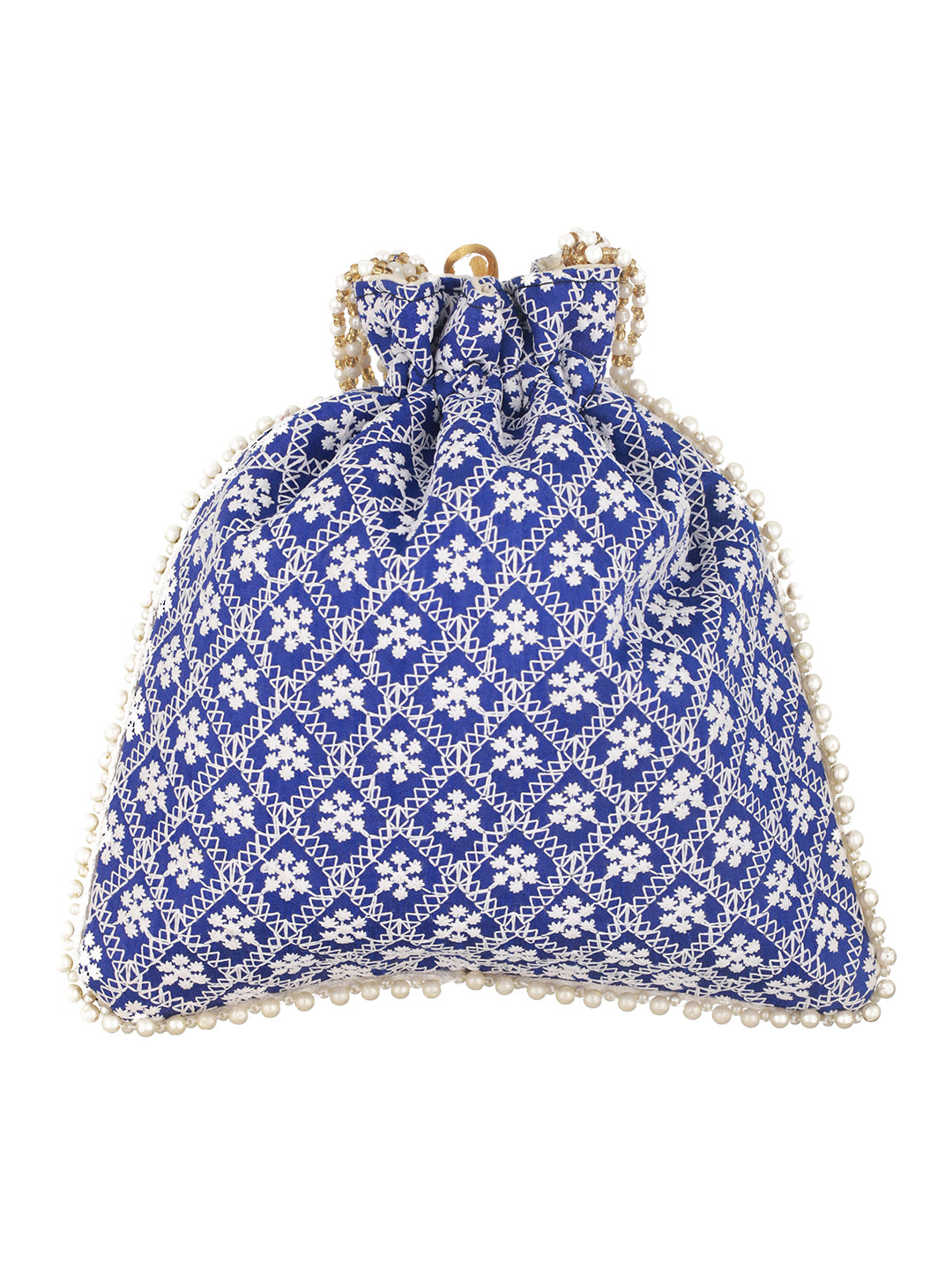 Blue & Gold-Toned Chikan Embroidered work Potli Clutch - Jazzandsizzle