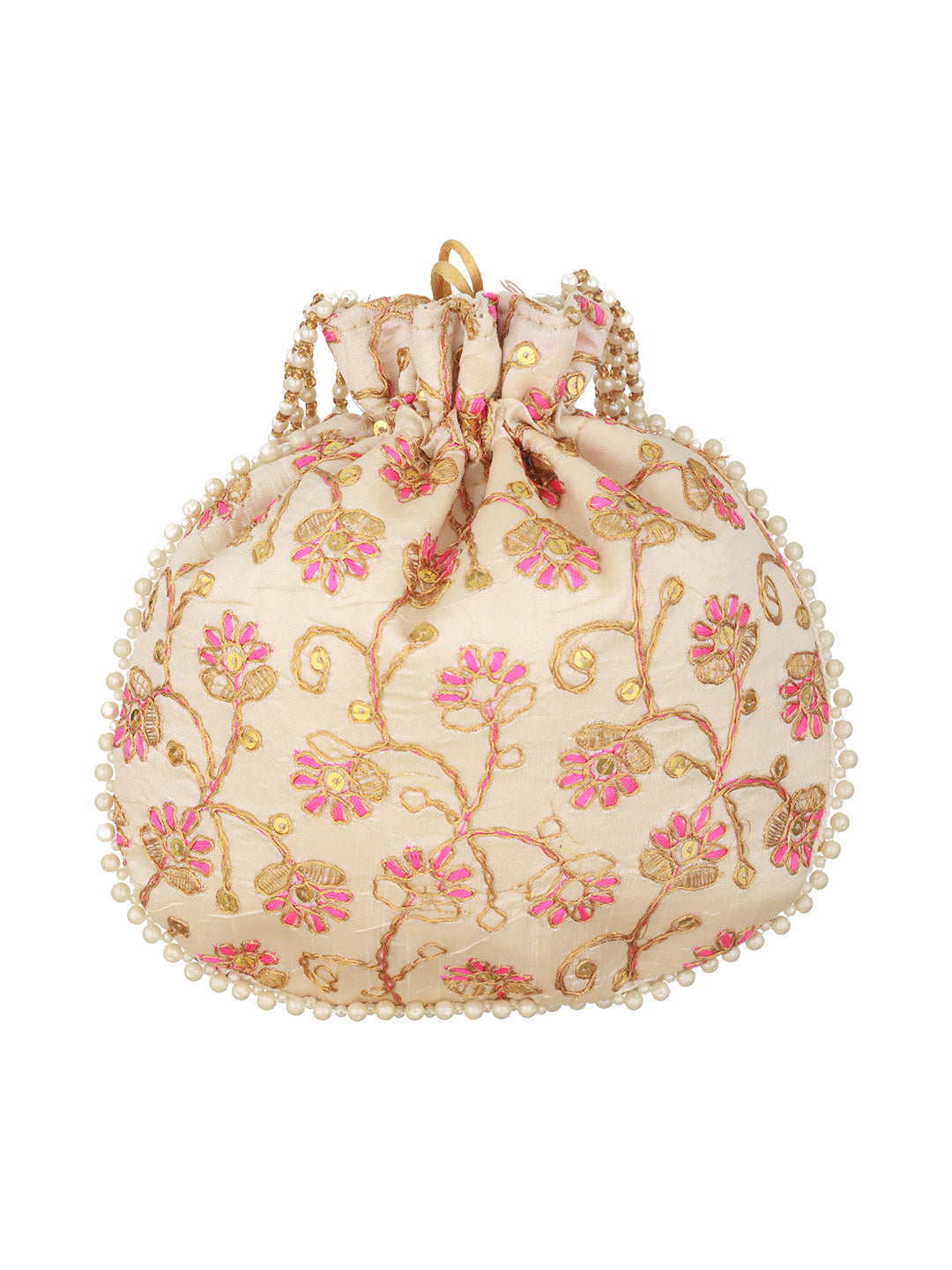 Pink & Gold-Toned with Rich Embroidered Potli Clutch - Jazzandsizzle