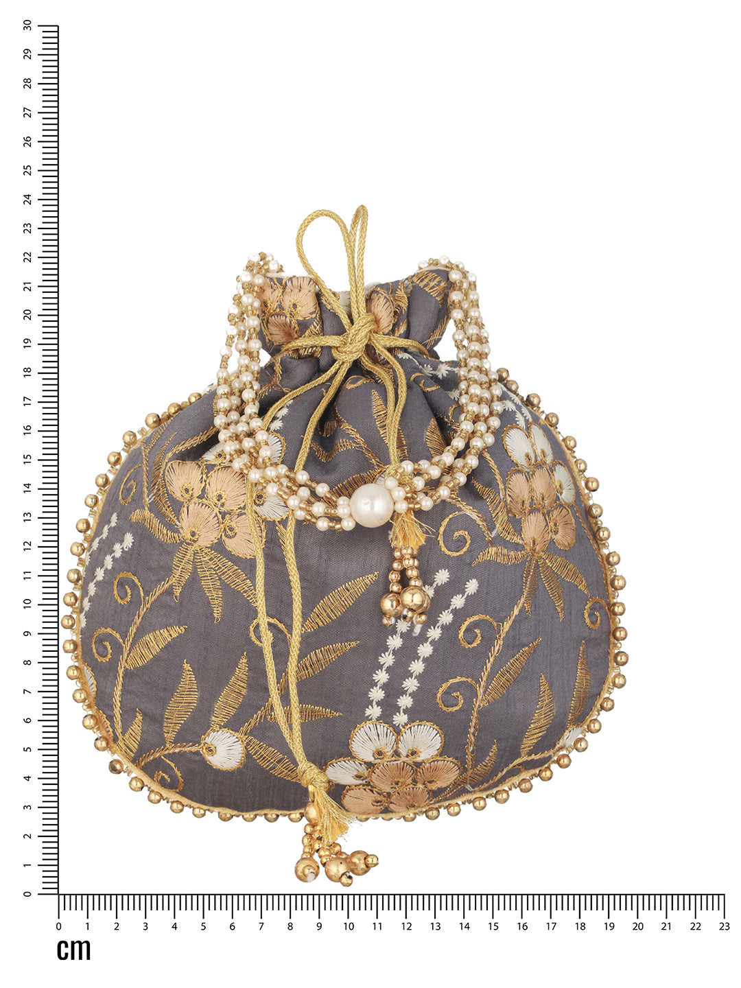 Grey & Gold Embroidered Embellished Potli Clutch - Jazzandsizzle