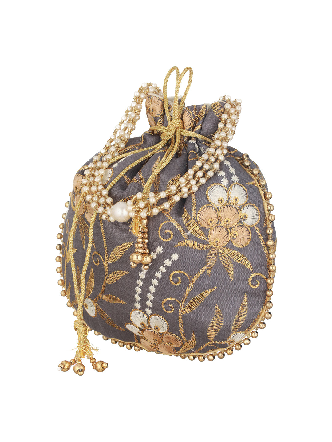 Grey & Gold Embroidered Embellished Potli Clutch - Jazzandsizzle